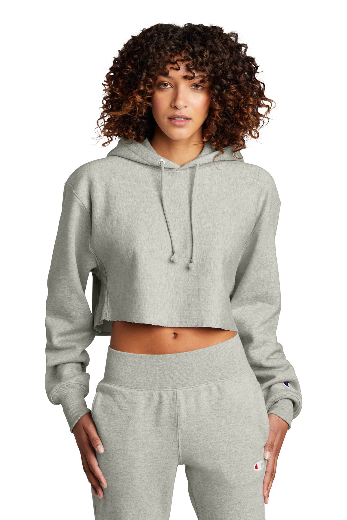 Front View of OxfordGrey Champion Women's Reverse Weave Cropped Cut-Off Hooded Sweatshirt RW01W