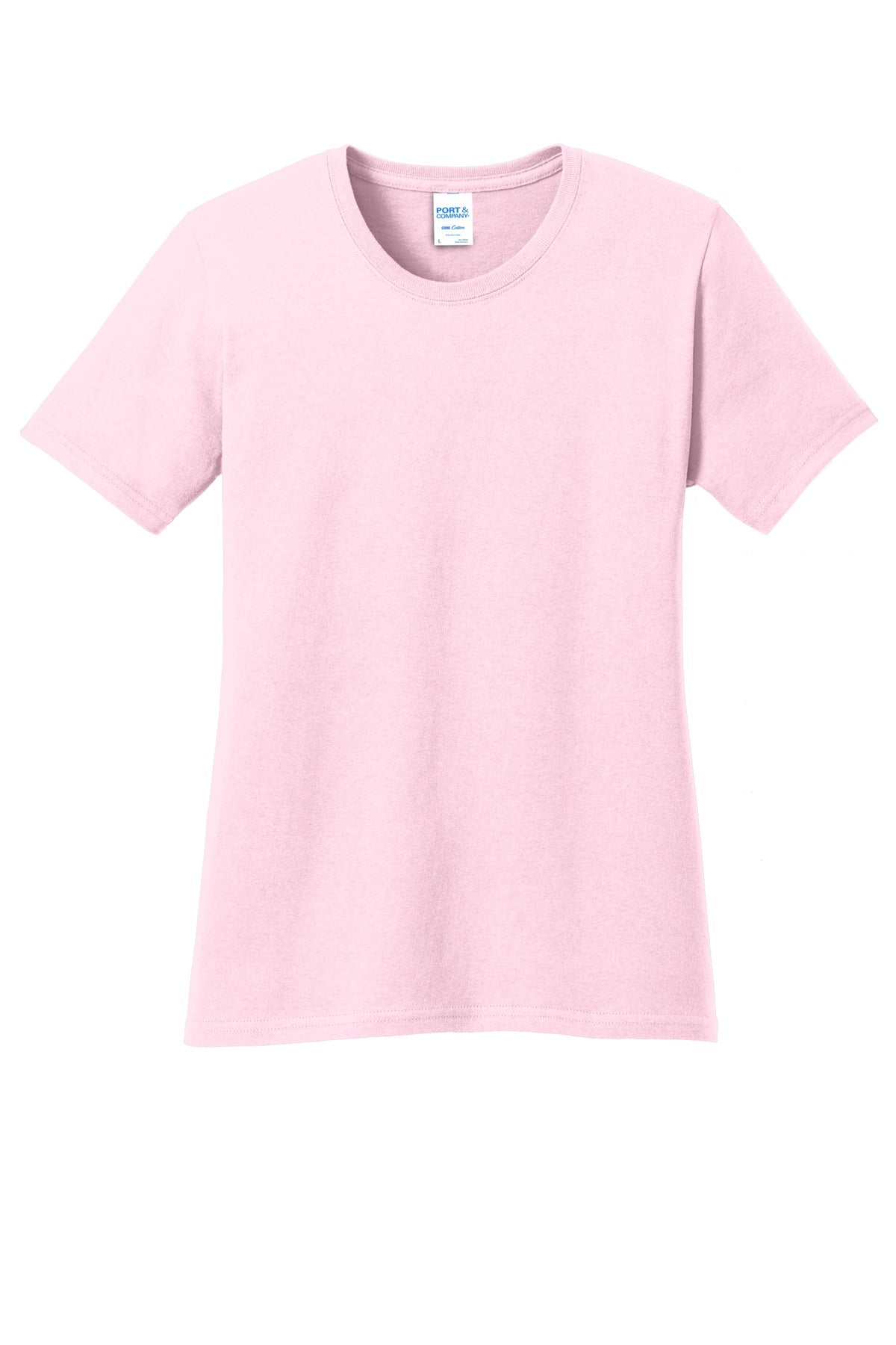 Front View of Pale Pink Port & Co Women's Core Cotton Tee. LPC54