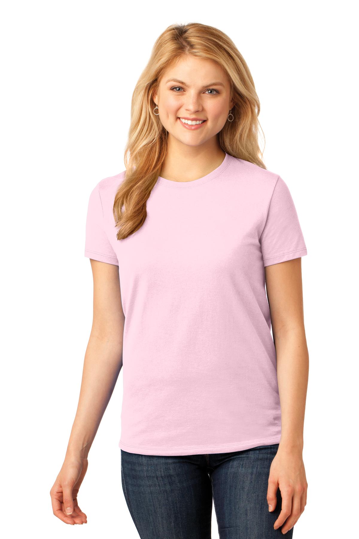 Front View of Pale Pink Port & Co Women's Core Cotton Tee. LPC54