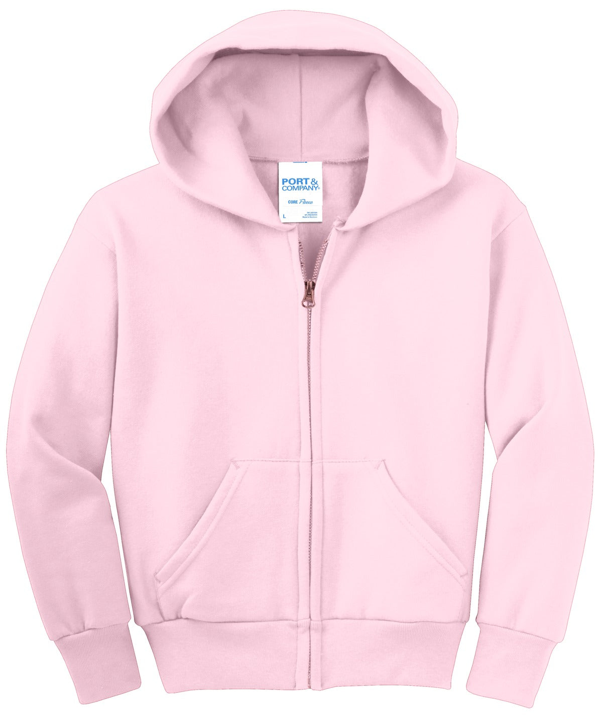 Front View of Pale Pink Port & Co Youth Core Fleece Full-Zip Hooded Sweatshirt. PC90YZH