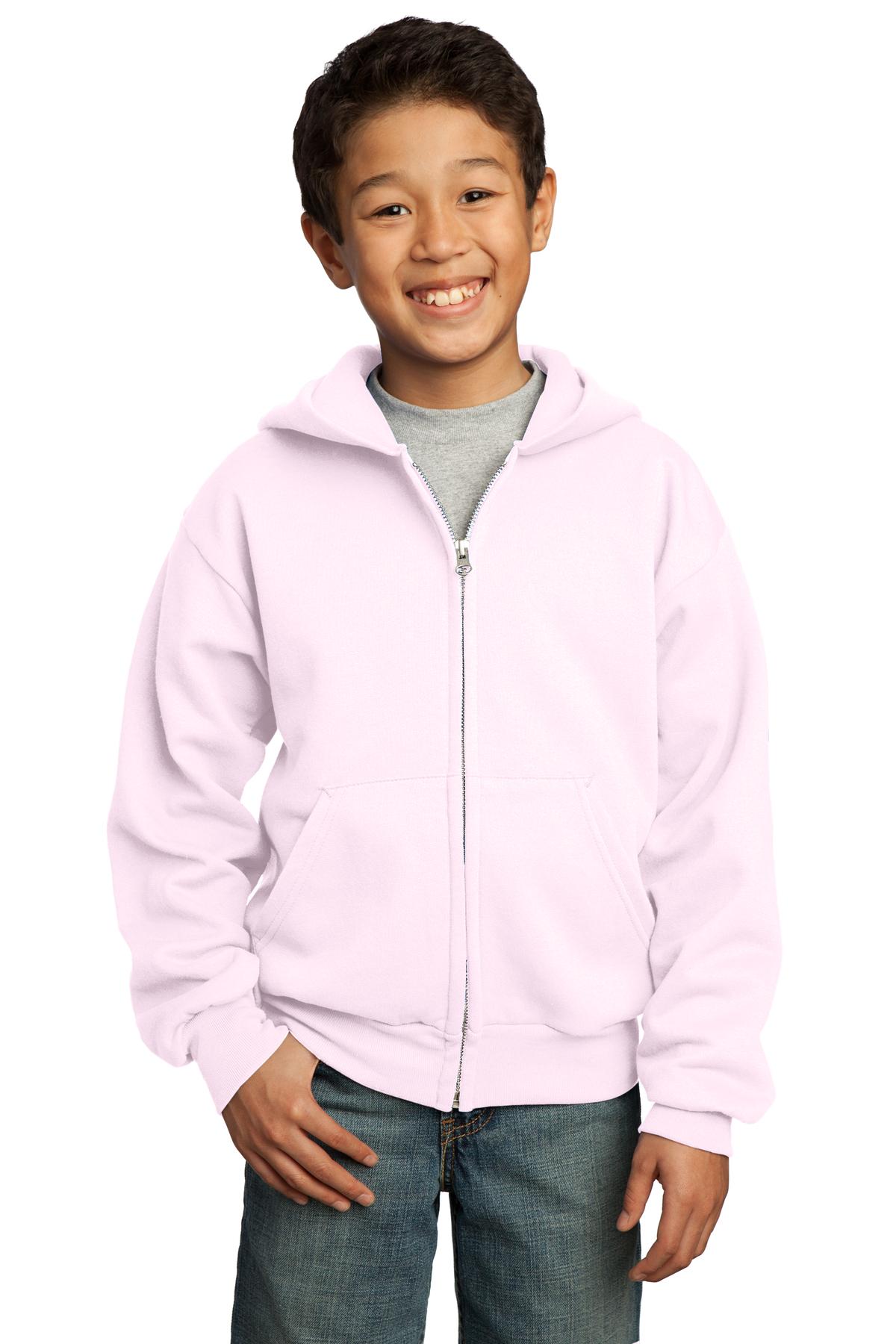 Front View of Pale Pink Port & Co Youth Core Fleece Full-Zip Hooded Sweatshirt. PC90YZH