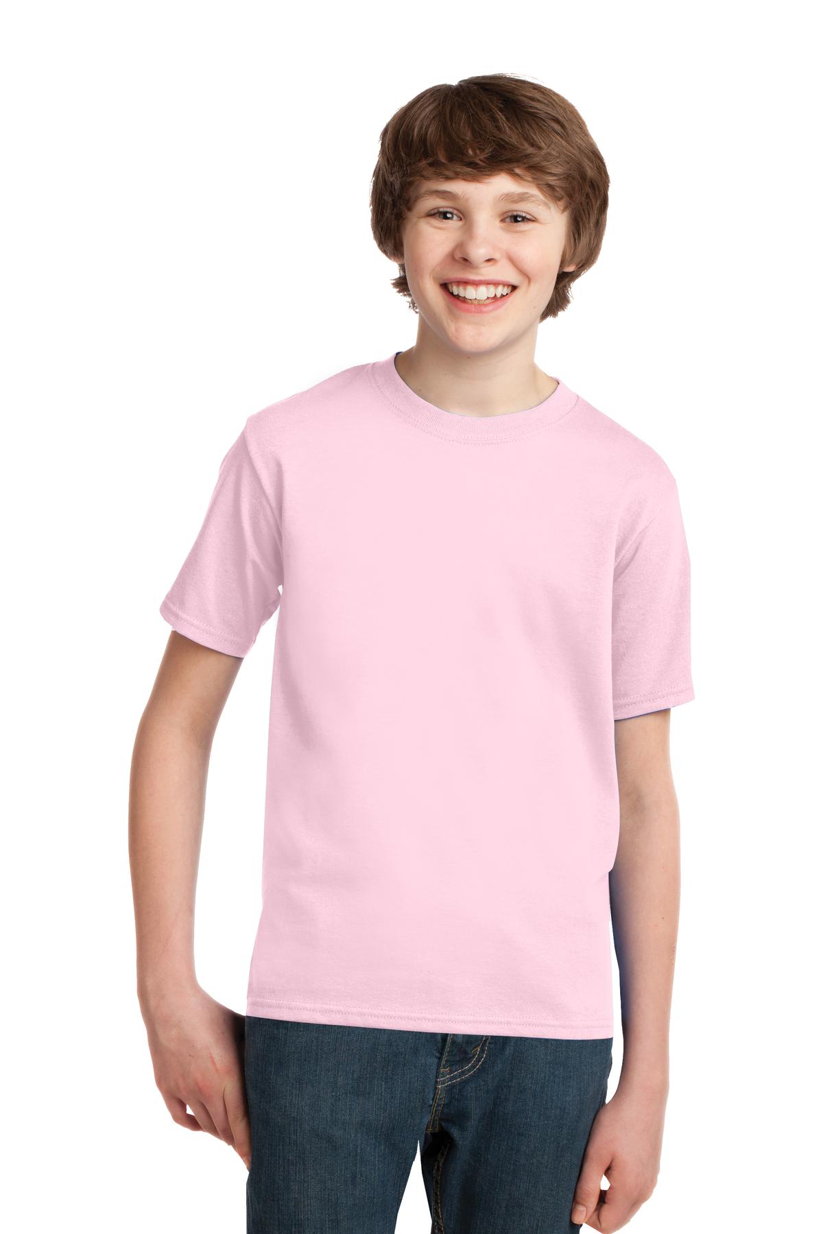 Front View of Pale Pink Port & Co Youth Essential Tee. PC61Y