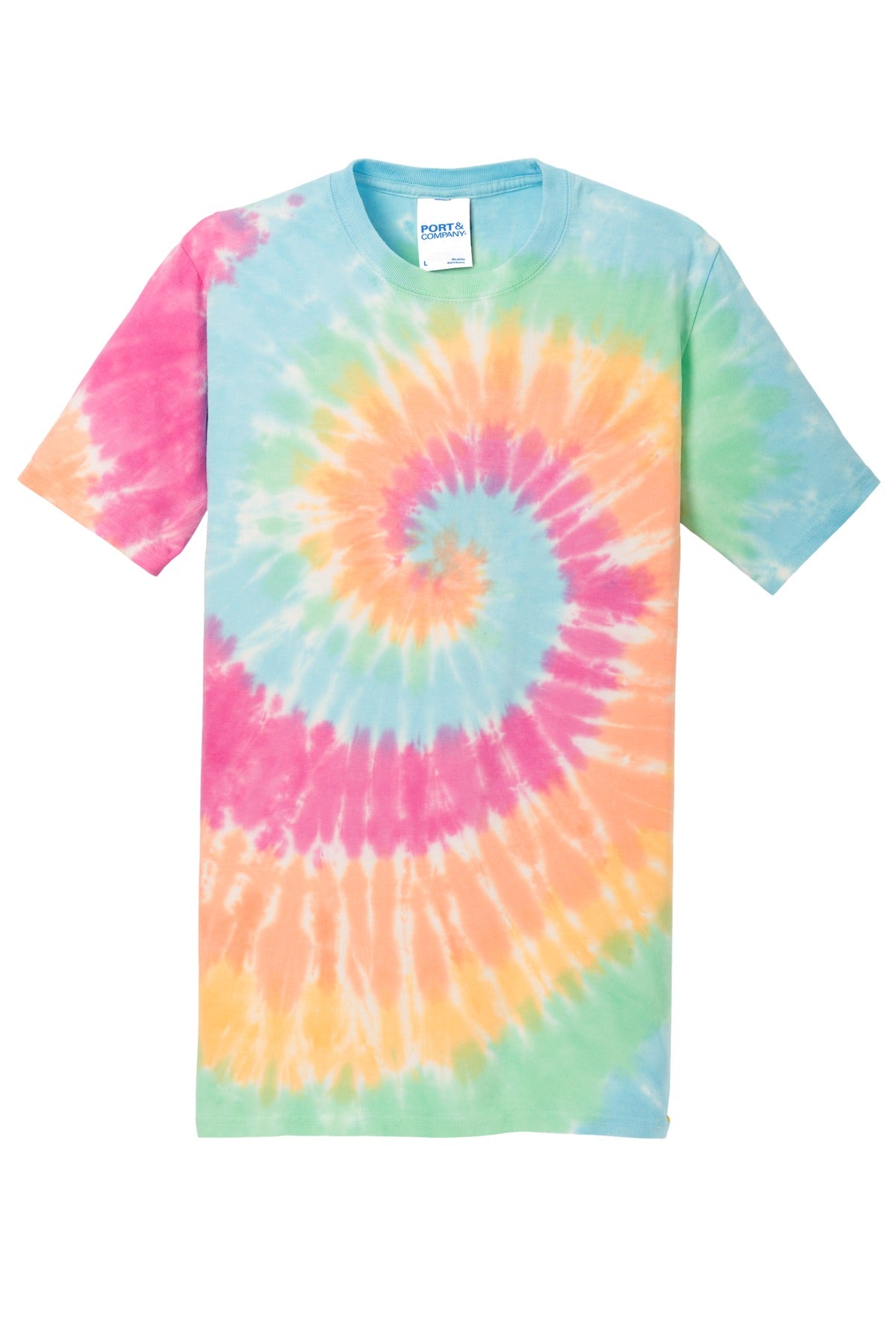 Front View of Pastel Rainbow Port & Co Tie-Dye Tee. PC147
