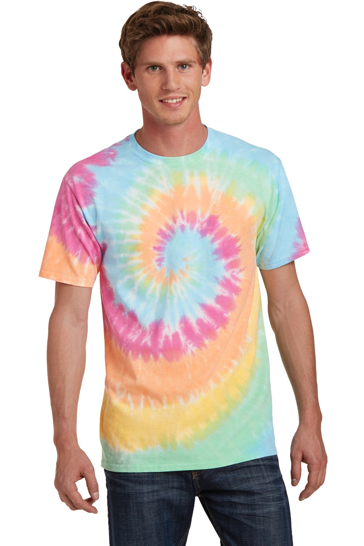 Front View of Pastel Rainbow Port & Co Tie-Dye Tee. PC147