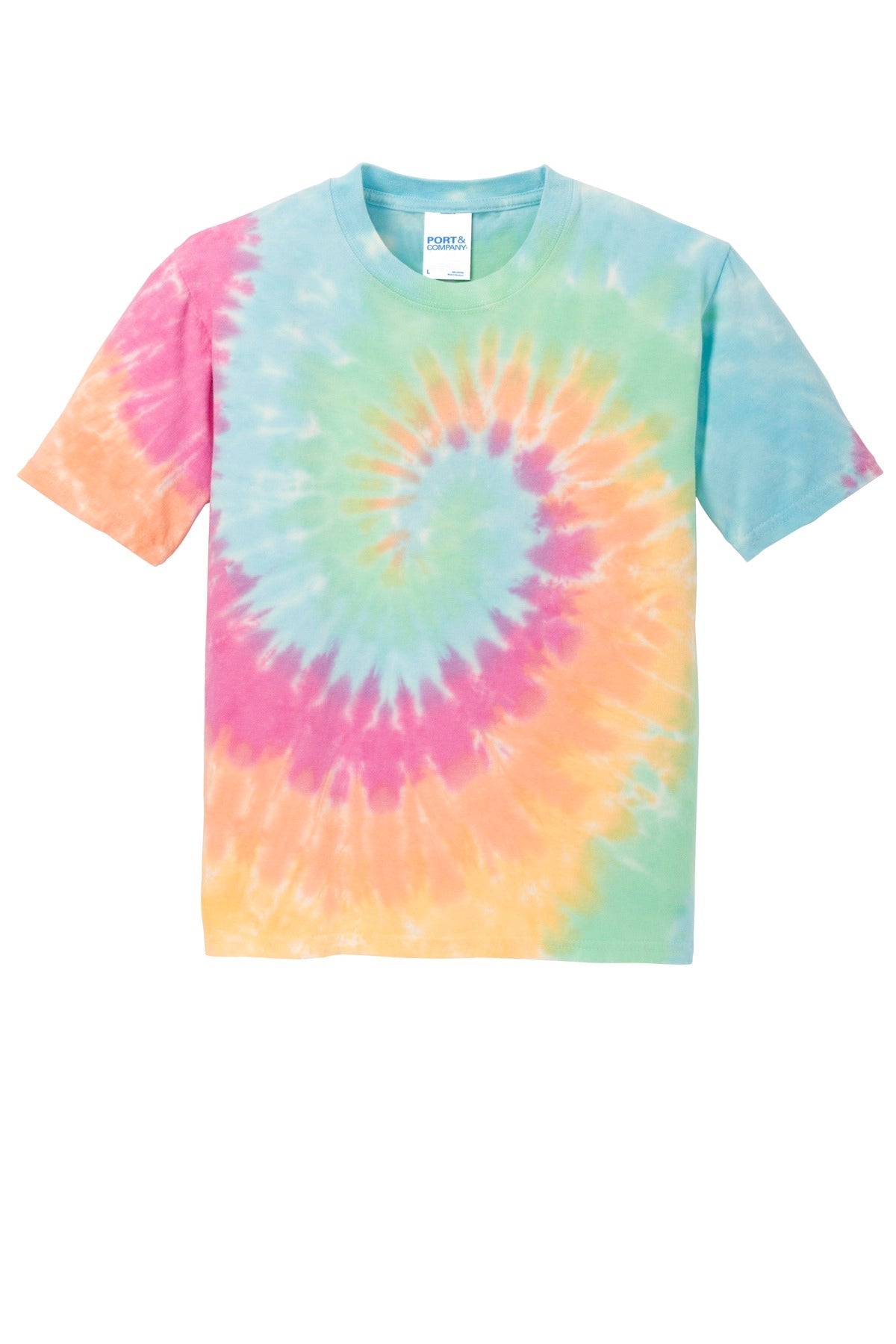 Front View of Pastel Rainbow Port & Co Youth Tie-Dye Tee. PC147Y