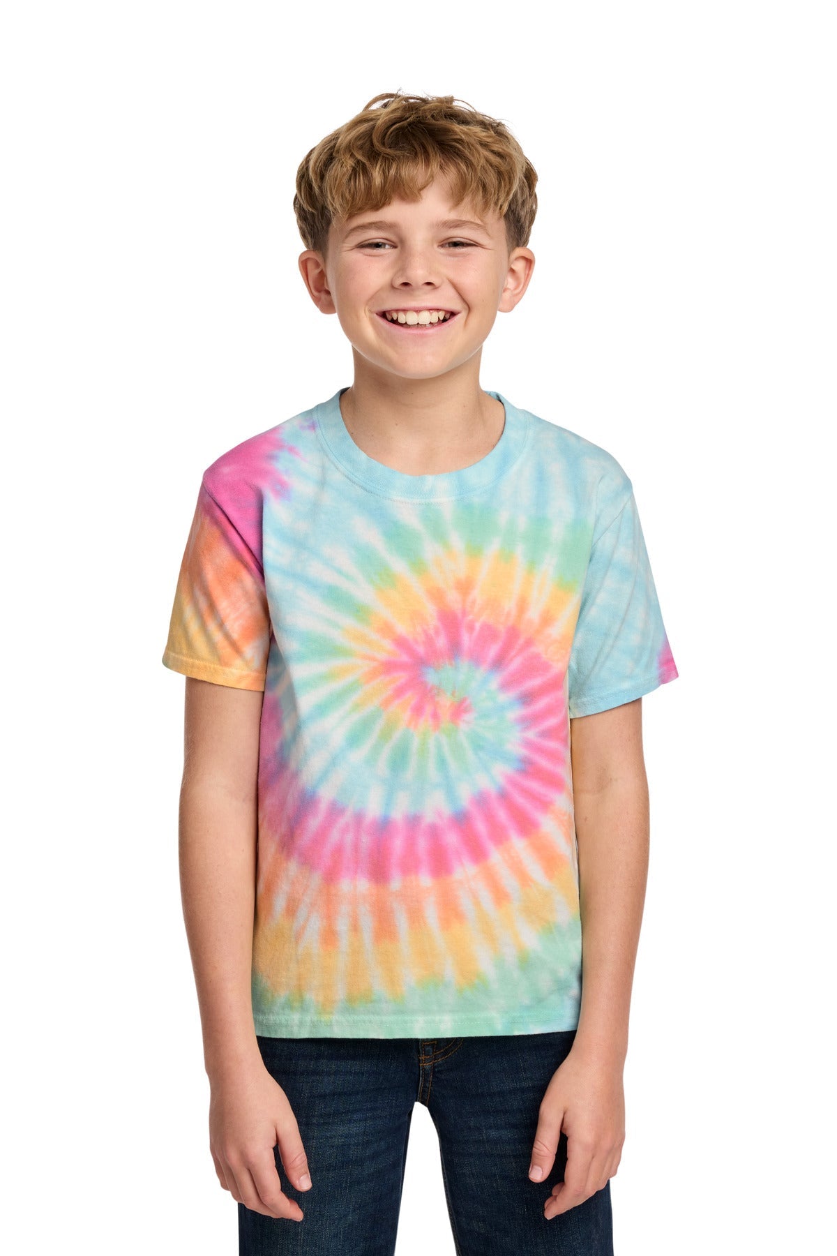 Front View of Pastel Rainbow Port & Co Youth Tie-Dye Tee. PC147Y