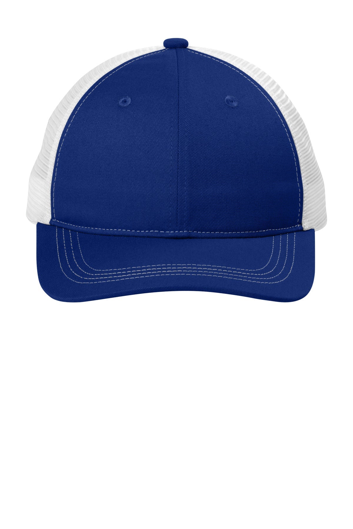 Front View of PatBl/Wht Port Authority Unstructured Snapback Trucker Cap C409