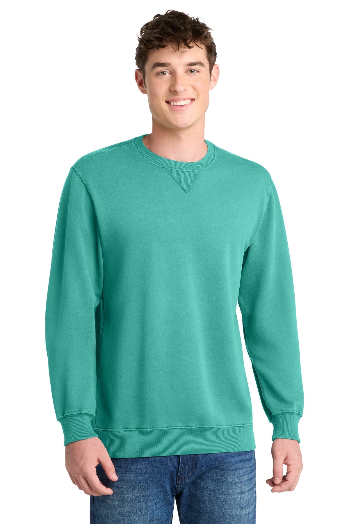 Front View of Peacock Port & Co Beach Wash Garment-Dyed Crewneck Sweatshirt PC098