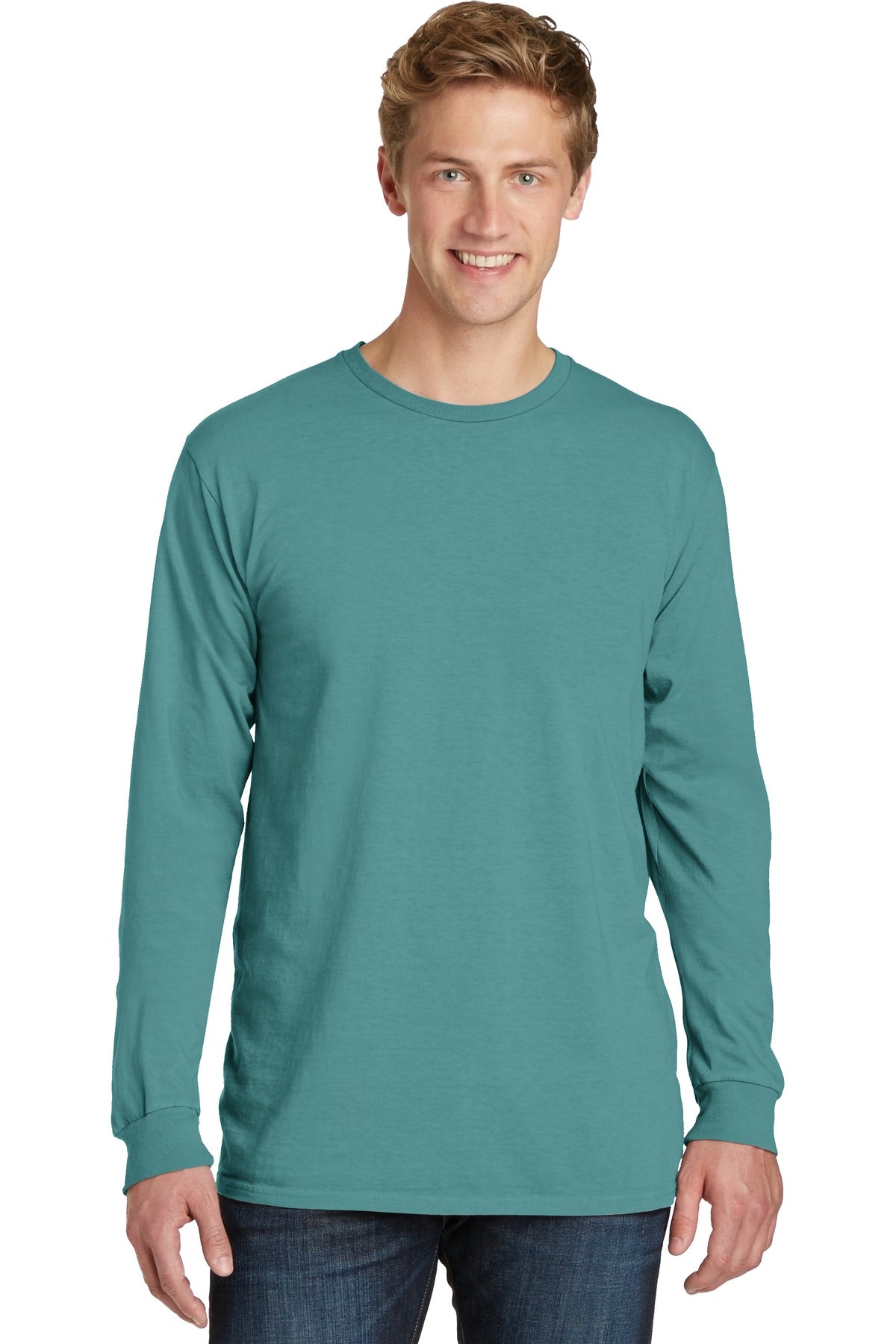 Front View of Peacock Port & Co Beach Wash Garment-Dyed Long Sleeve Tee PC099LS