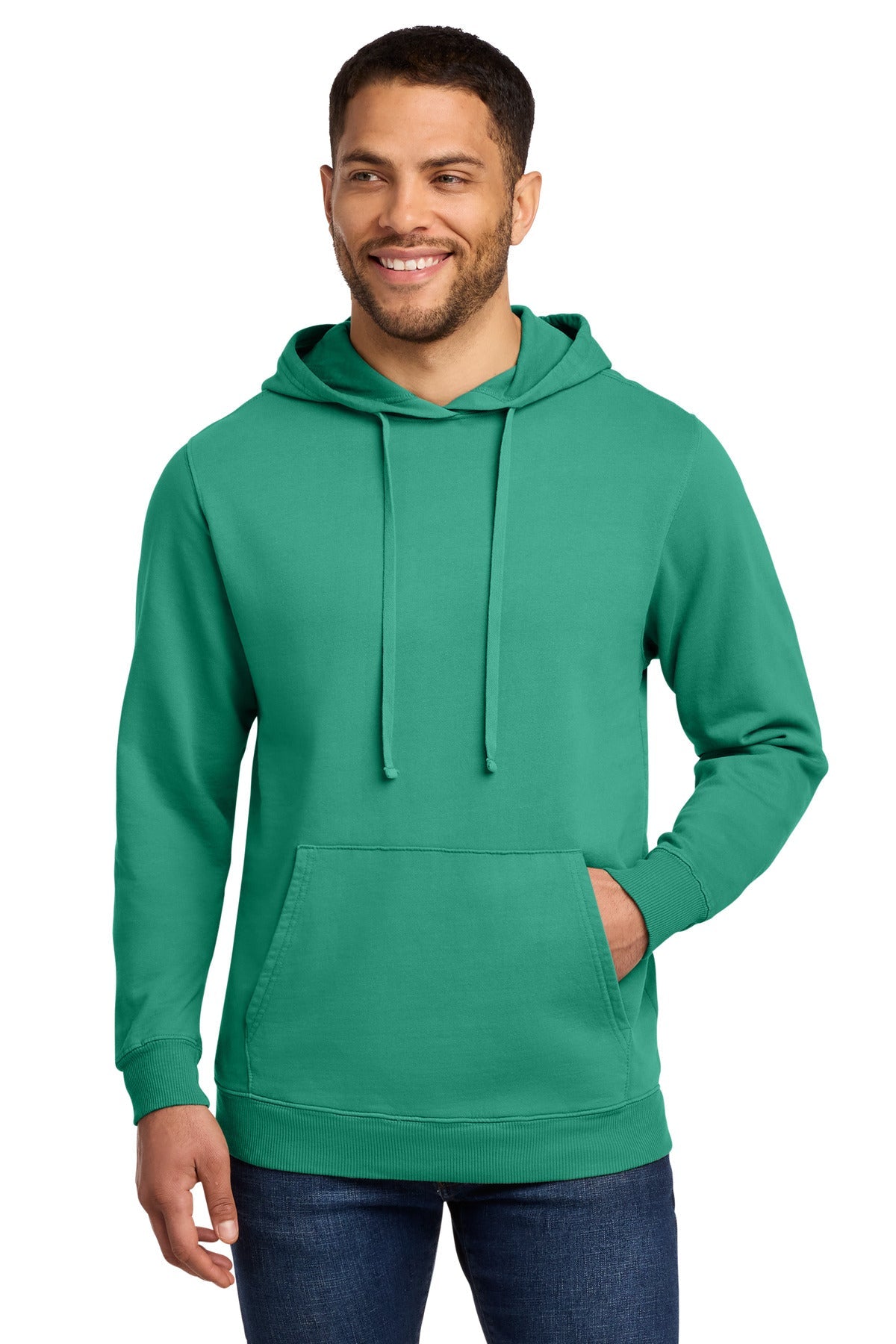 Front View of Peacock Port & Co Beach Wash Garment-Dyed Pullover Hooded Sweatshirt. PC098H