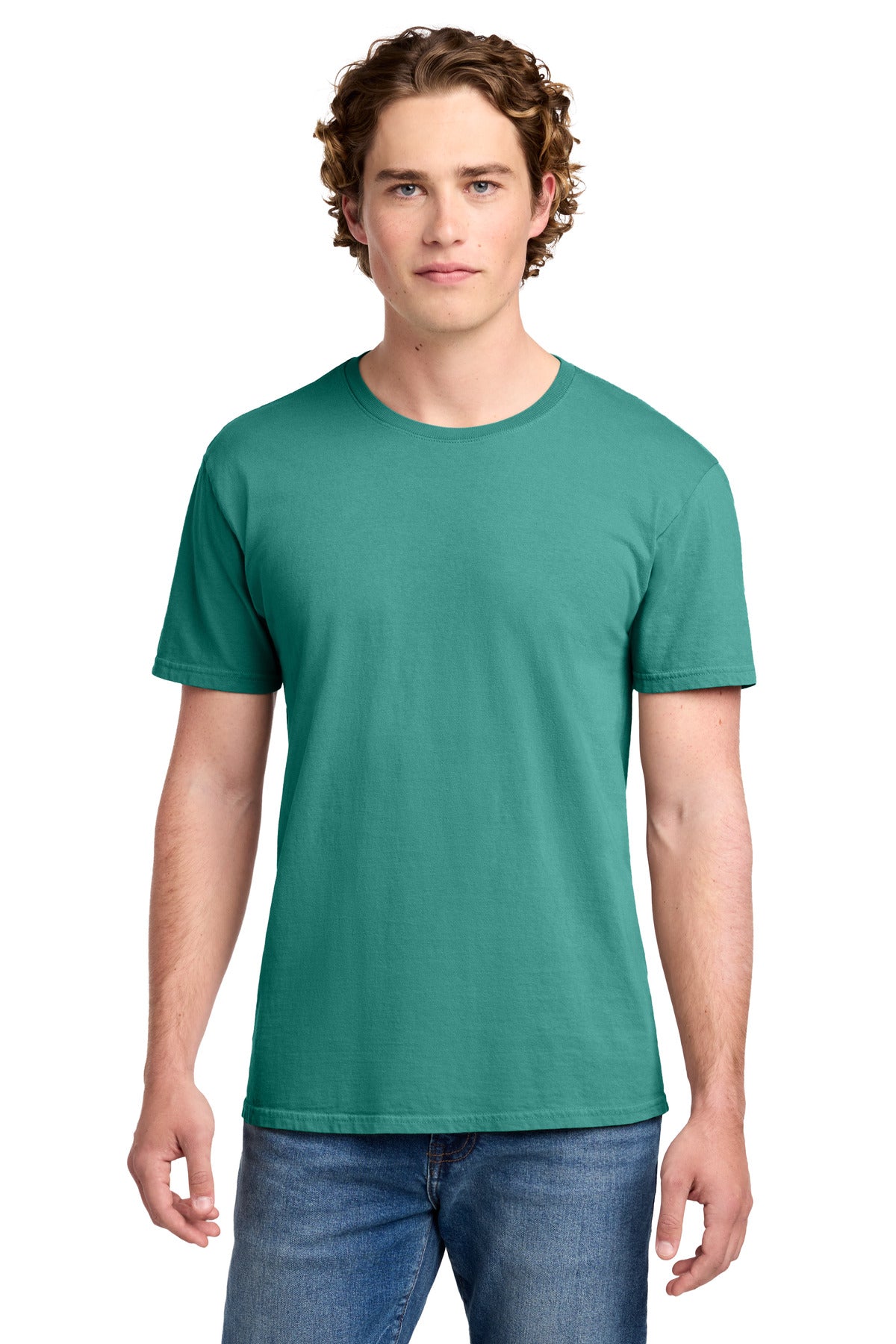 Front View of Peacock Port & Co Beach Wash Garment-Dyed Tee. PC099