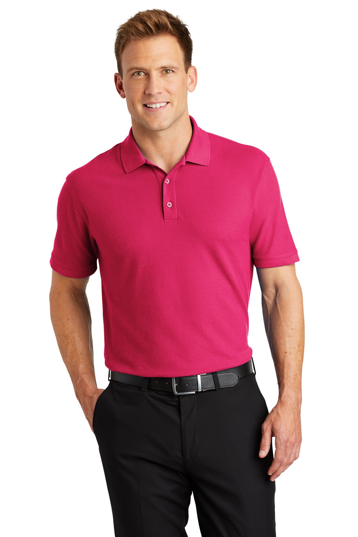 Front View of Pink Azalea Port Authority Core Classic Pique Polo. K100