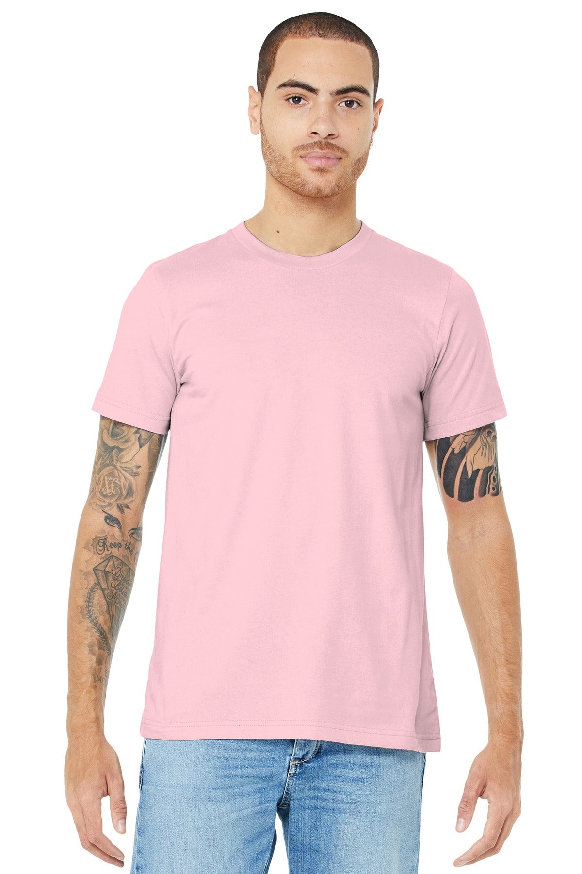 Front View of Pink BELLA+CANVAS Unisex Jersey Short Sleeve Tee. BC3001