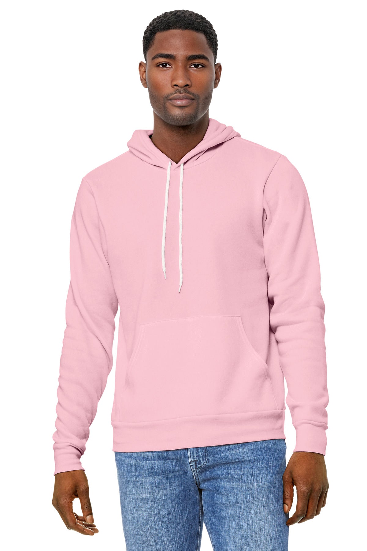 Front View of Pink BELLA+CANVAS Unisex Sponge Fleece Pullover Hoodie. BC3719