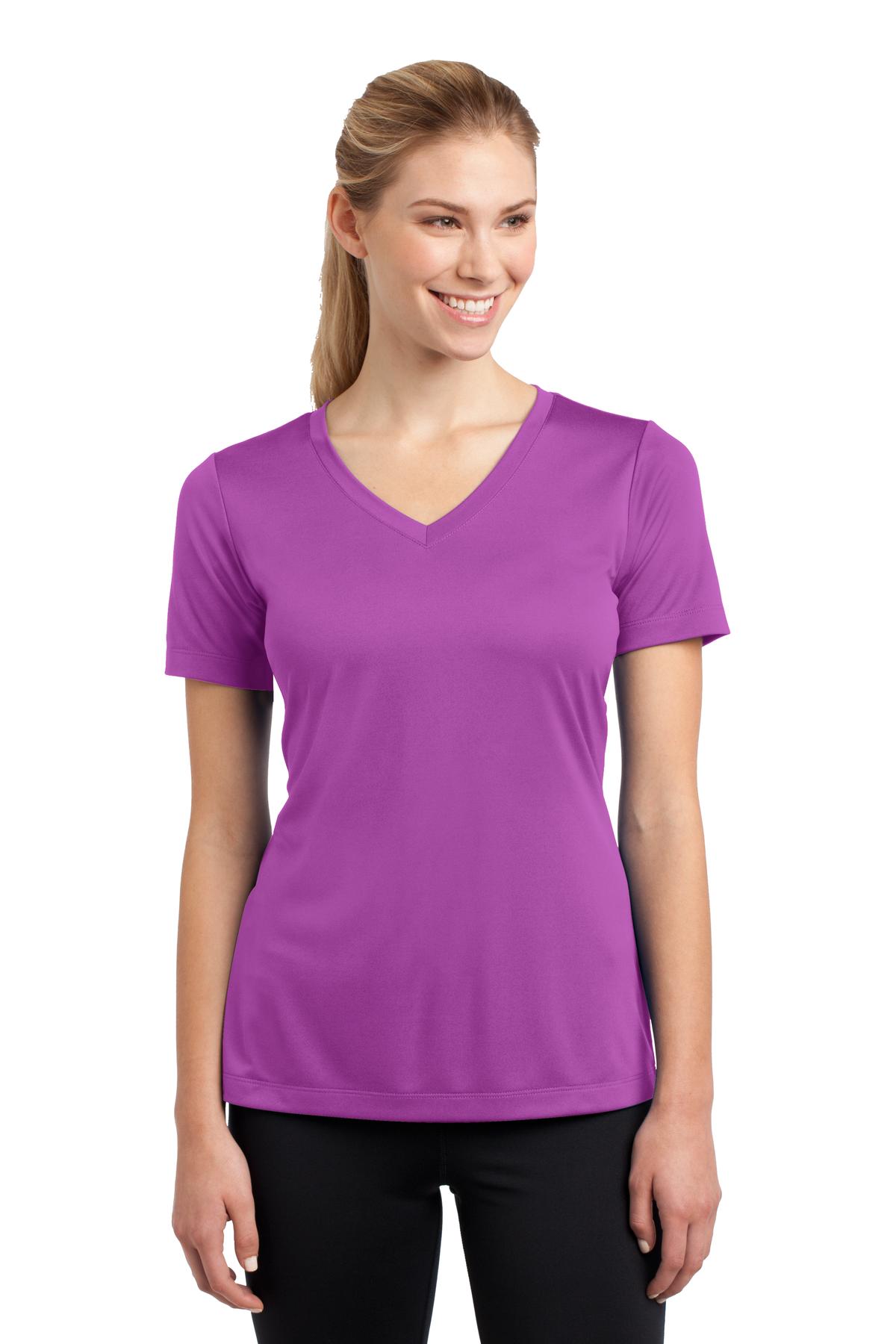 Front View of Pink Orchid Sport-Tek Women's PosiCharge Competitor V-Neck Tee. LST353