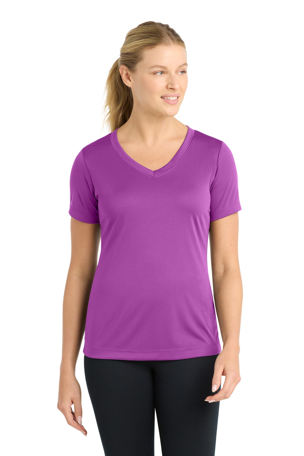 Front View of Pink Orchid Sport-Tek Women's PosiCharge Competitor V-Neck Tee. LST353