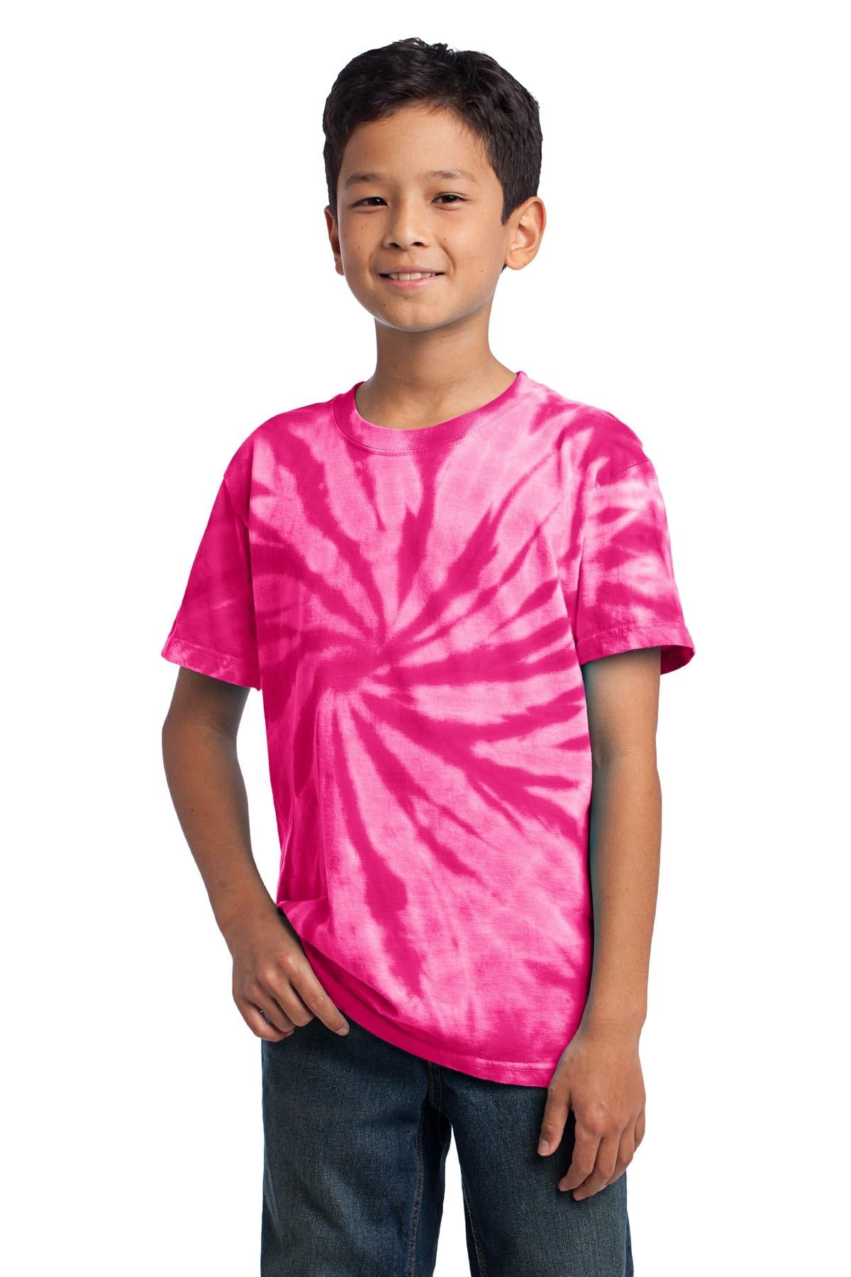 Front View of Pink Port & Co Youth Tie-Dye Tee. PC147Y