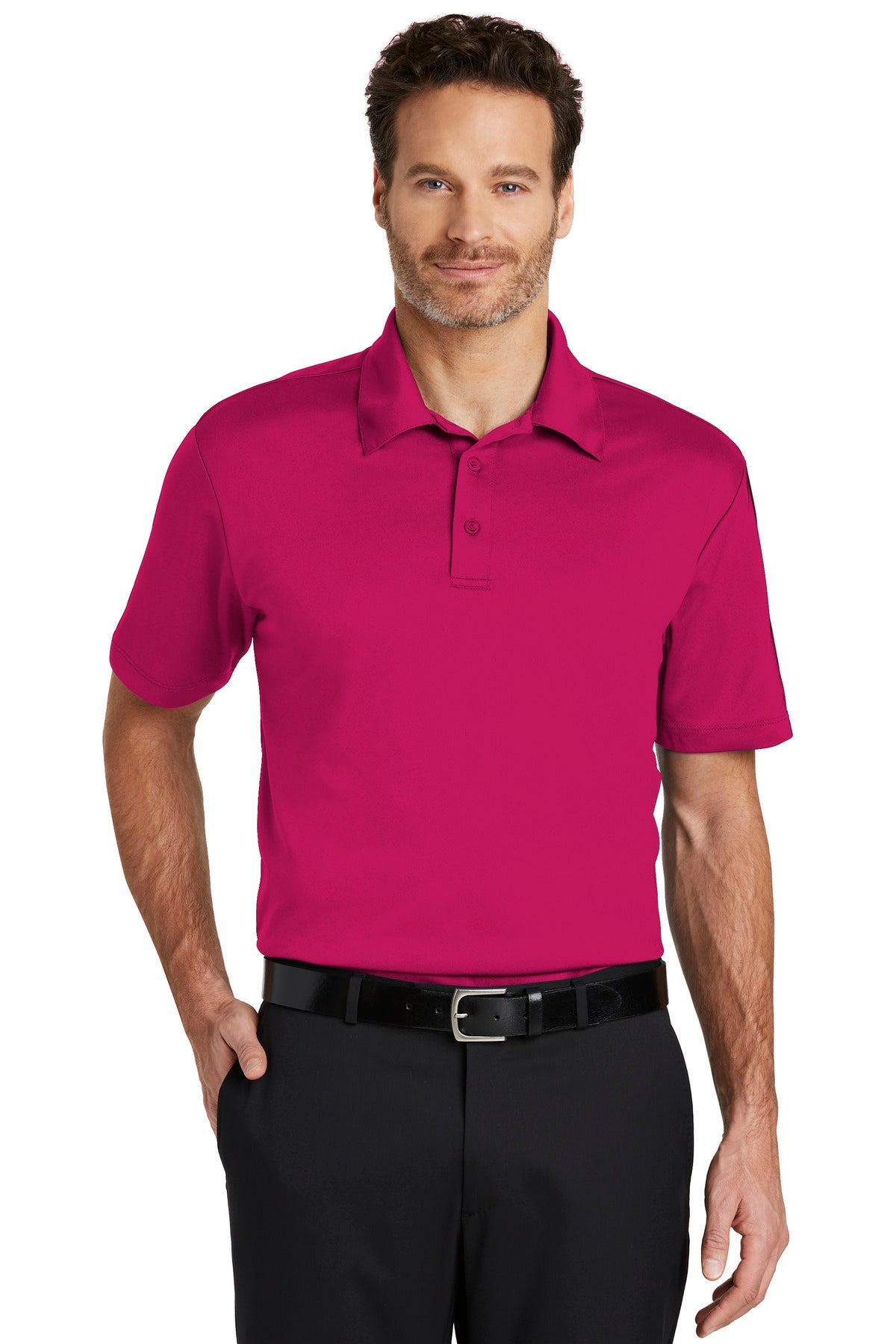 Front View of Pink Raspberry Port Authority Silk Touch Performance Polo. K540