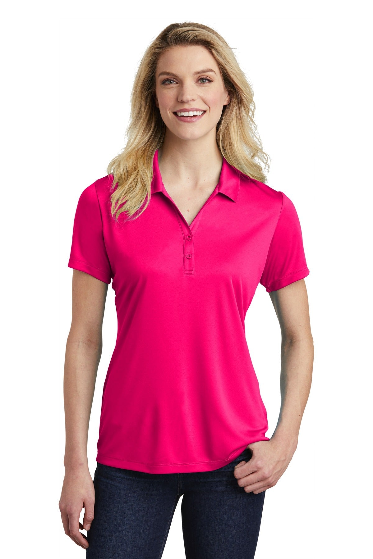 Front View of Pink Raspberry Sport-Tek Women's PosiCharge Competitor Polo. LST550