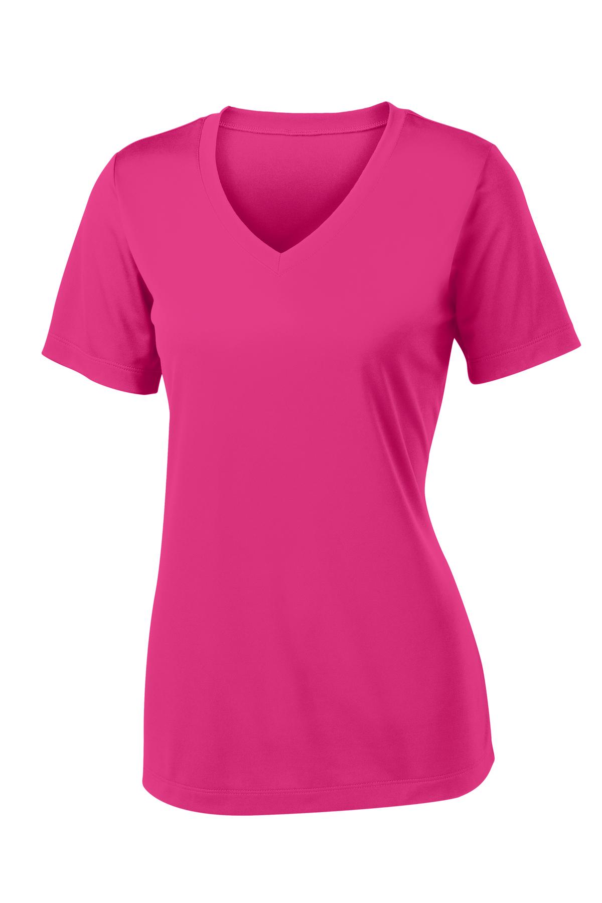 Front View of Pink Raspberry Sport-Tek Women's PosiCharge Competitor V-Neck Tee. LST353