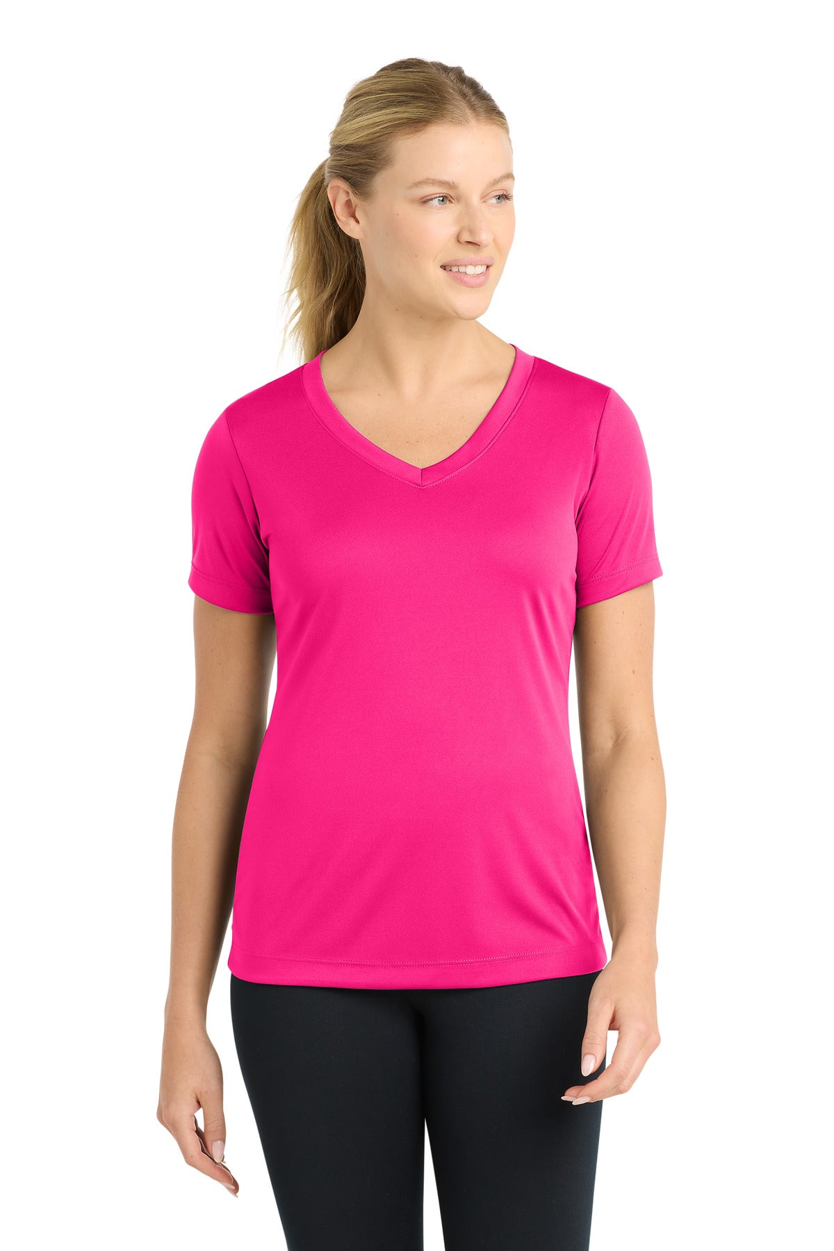 Front View of Pink Raspberry Sport-Tek Women's PosiCharge Competitor V-Neck Tee. LST353