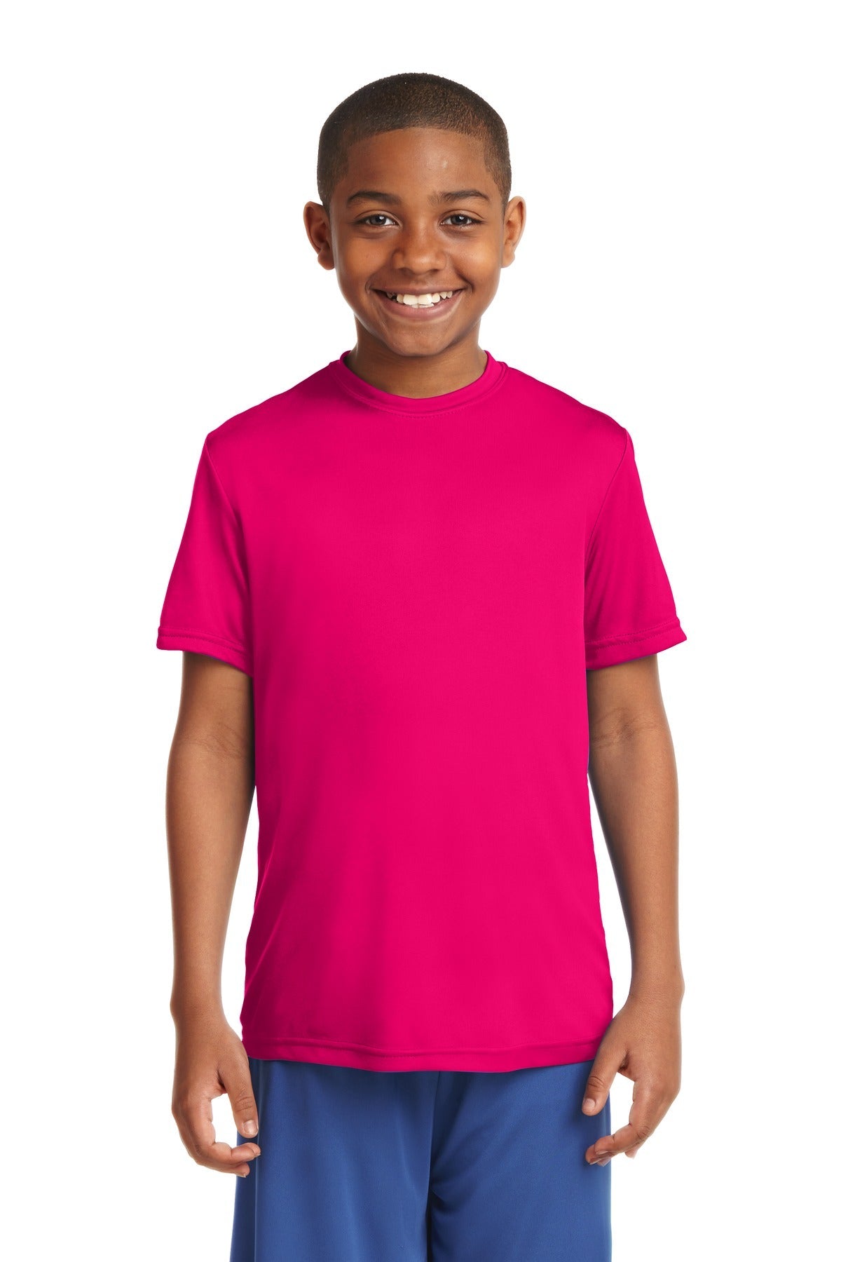 Front View of Pink Raspberry Sport-Tek Youth PosiCharge Competitor Tee. YST350