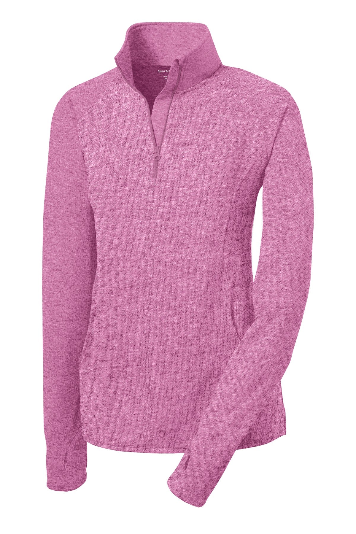 Front View of Pink Rush Hthr Sport-Tek Women's Sport-Wick Stretch 1/4-Zip Pullover. LST850