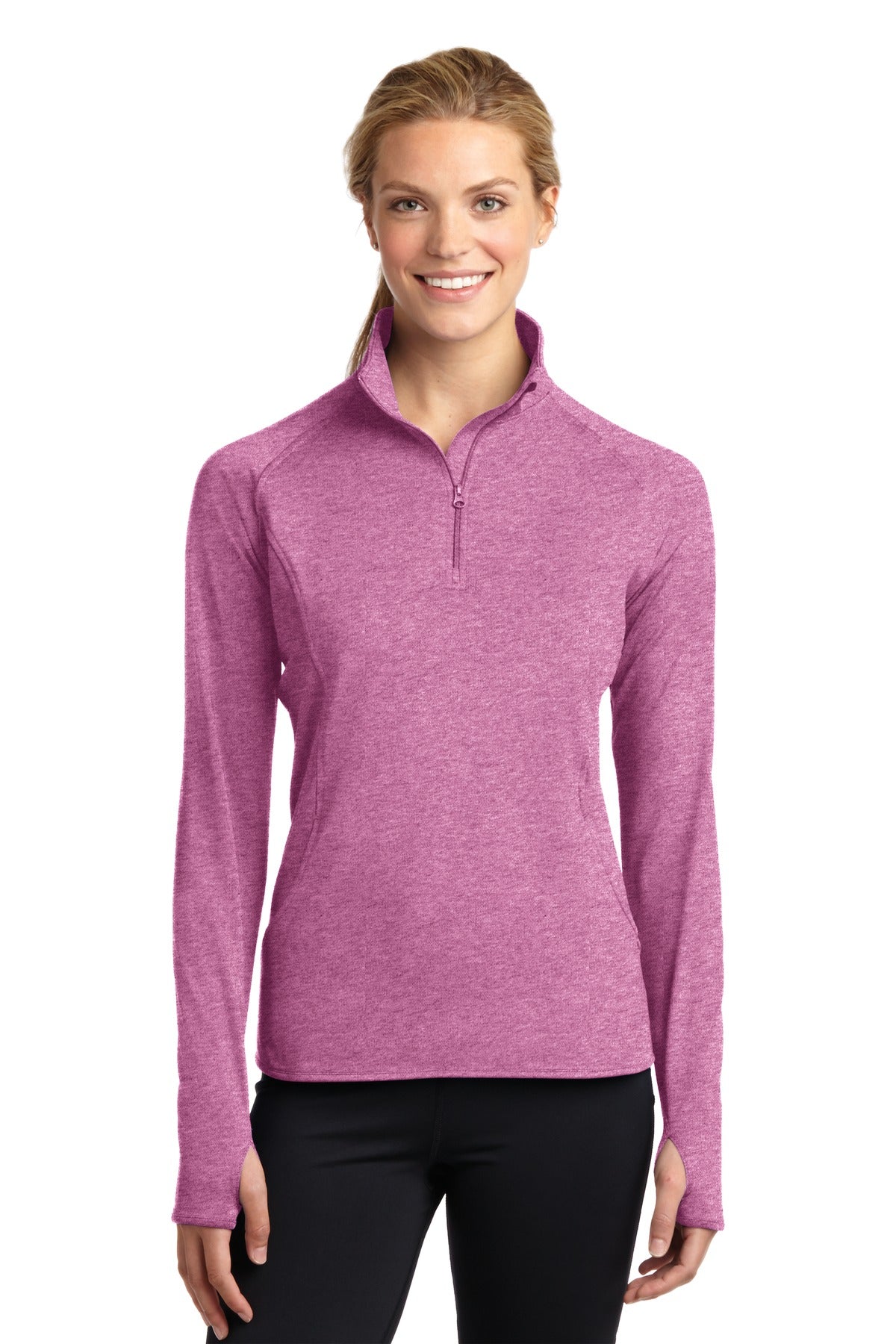 Front View of Pink Rush Hthr Sport-Tek Women's Sport-Wick Stretch 1/4-Zip Pullover. LST850