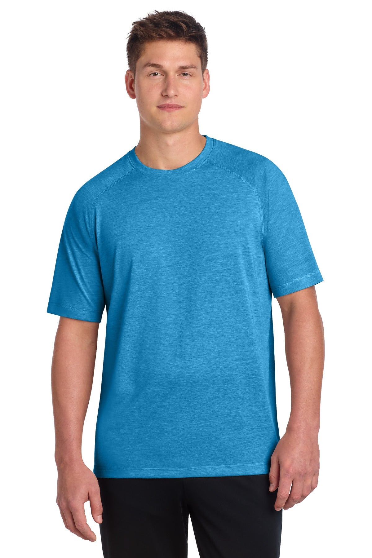 Front View of Pond Blue Hthr Sport-Tek PosiCharge Tri-Blend Wicking Raglan Tee. ST400