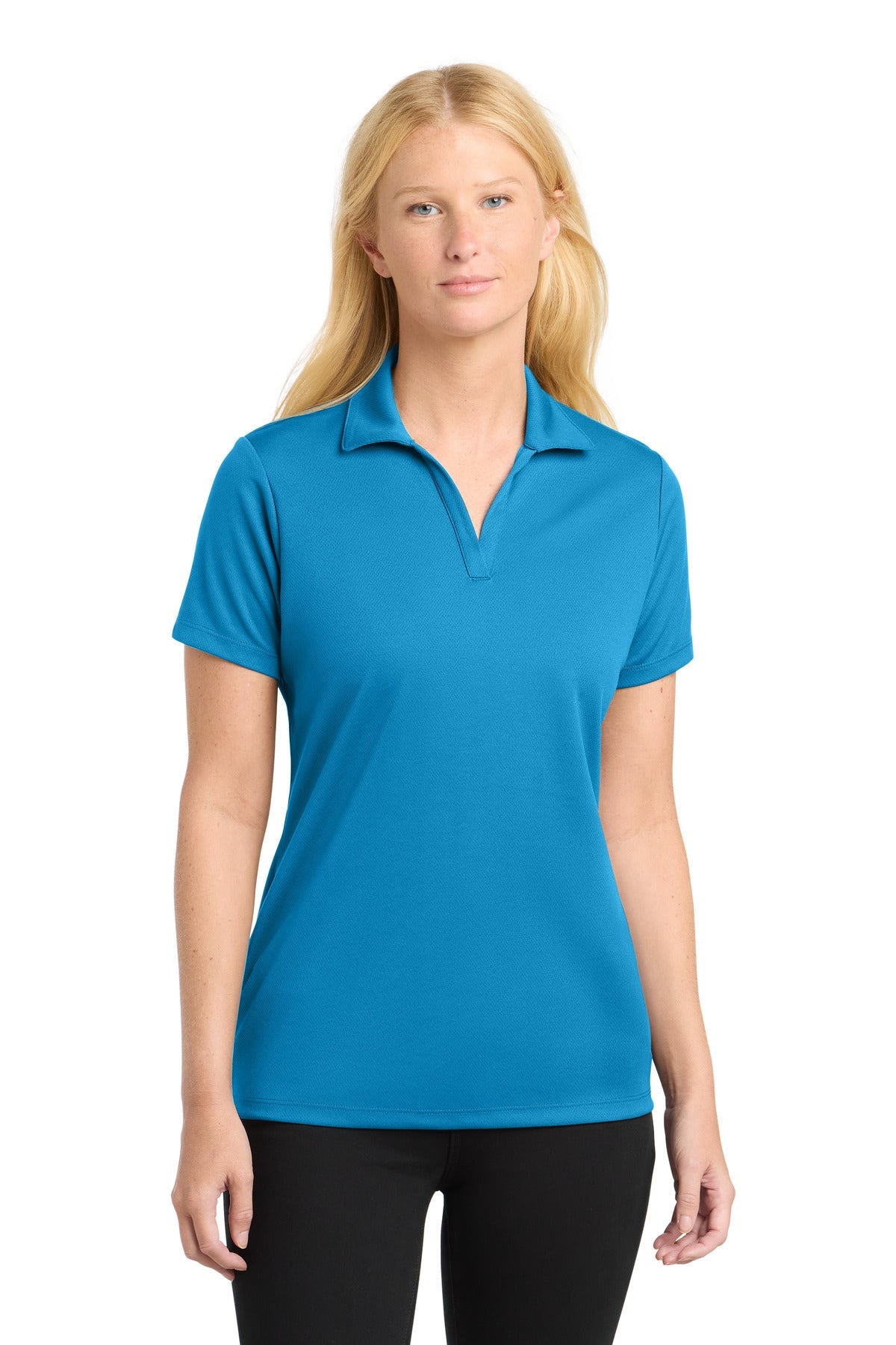 Front View of Pond Blue Sport-Tek Women's PosiCharge RacerMesh Polo. LST640