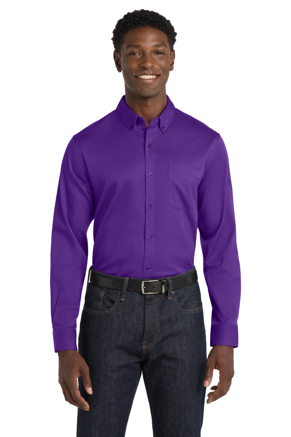 Front View of Purple Port Authority Long Sleeve SuperPro React Twill Shirt. W808
