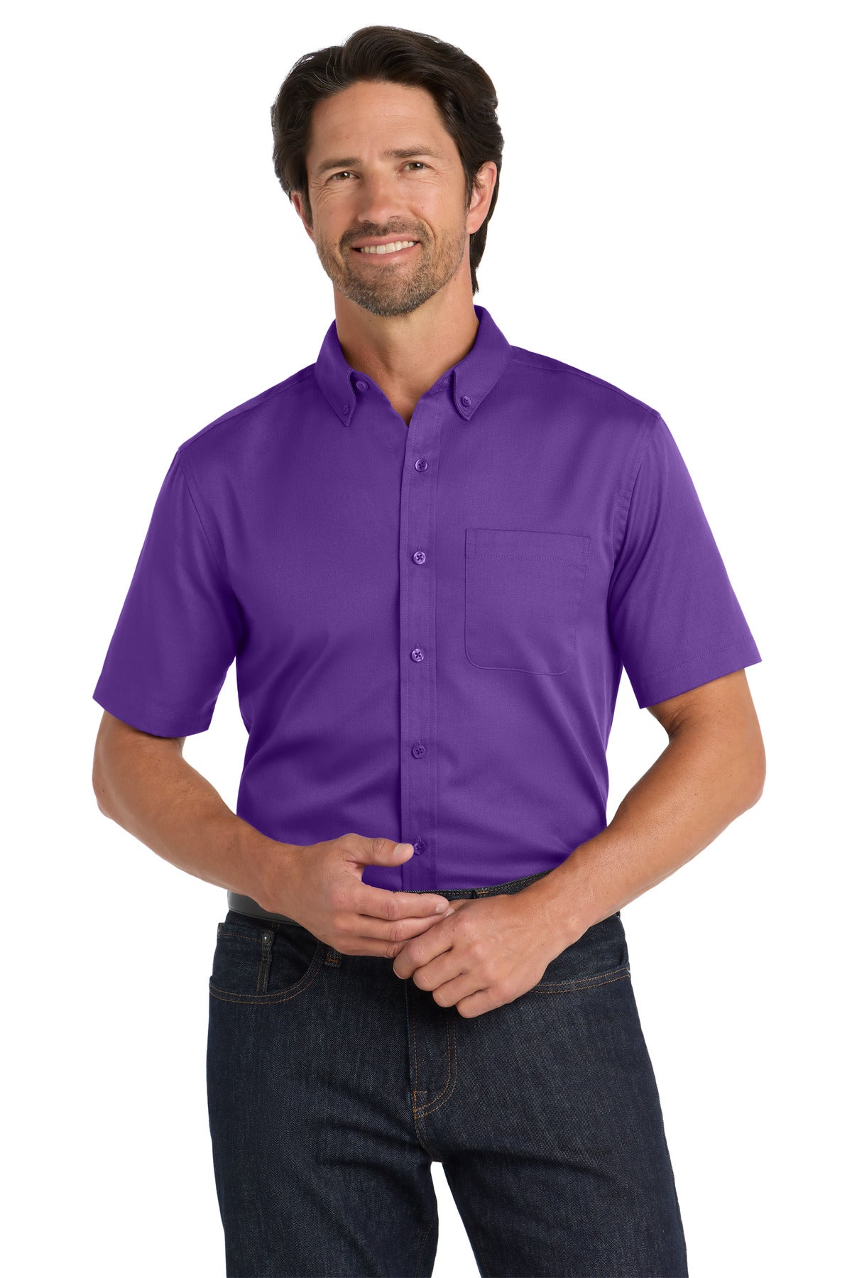 Front View of Purple Port Authority Short Sleeve SuperPro React Twill Shirt. W809