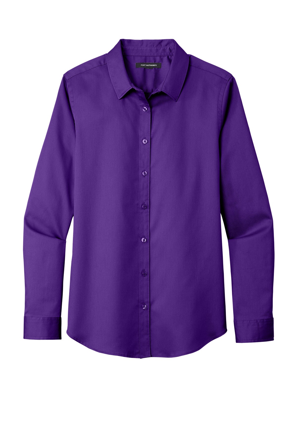 Front View of Purple Port Authority Women's Long Sleeve SuperPro React Twill Shirt. LW808