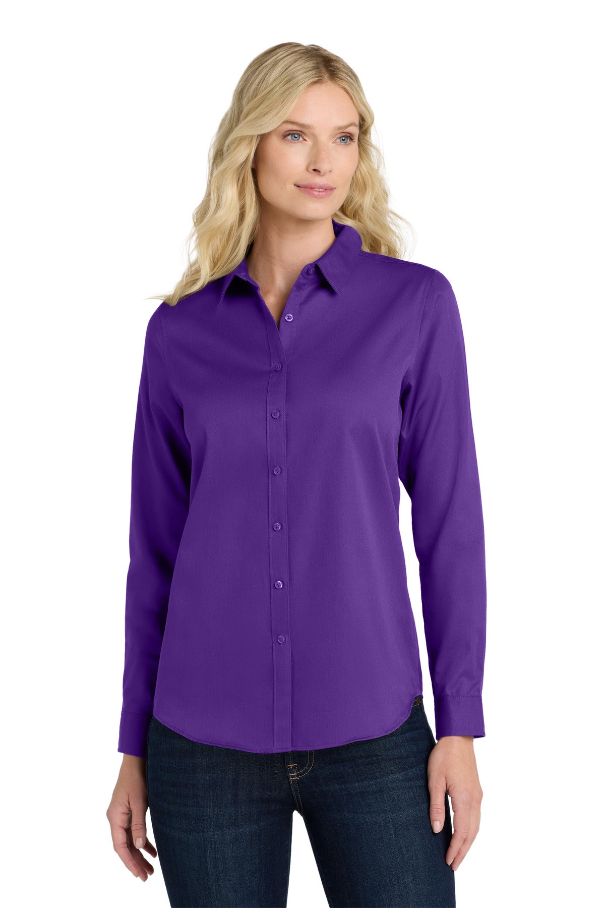 Front View of Purple Port Authority Women's Long Sleeve SuperPro React Twill Shirt. LW808