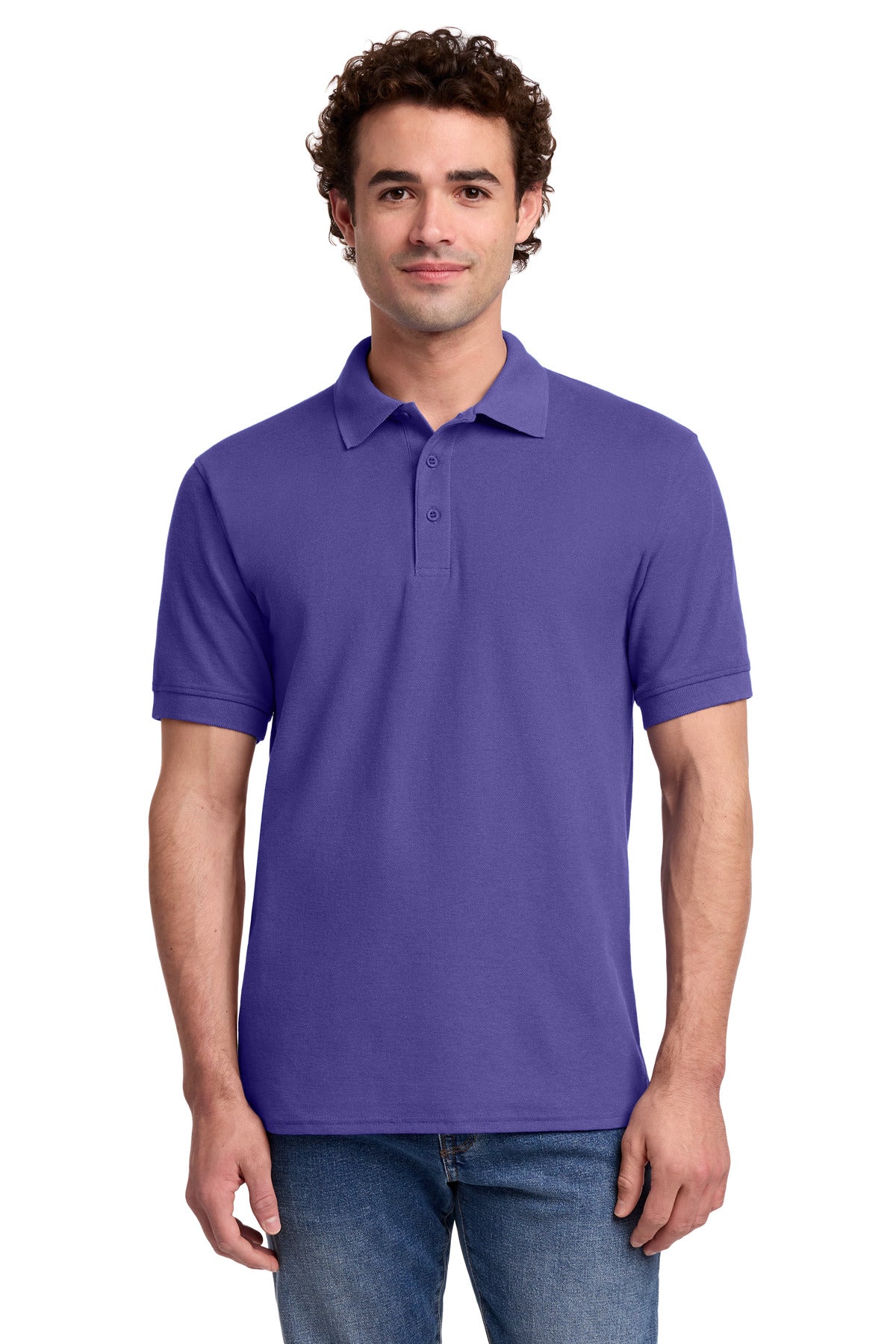 Front View of Purple Port & Co Core Blend Pique Polo. KP155