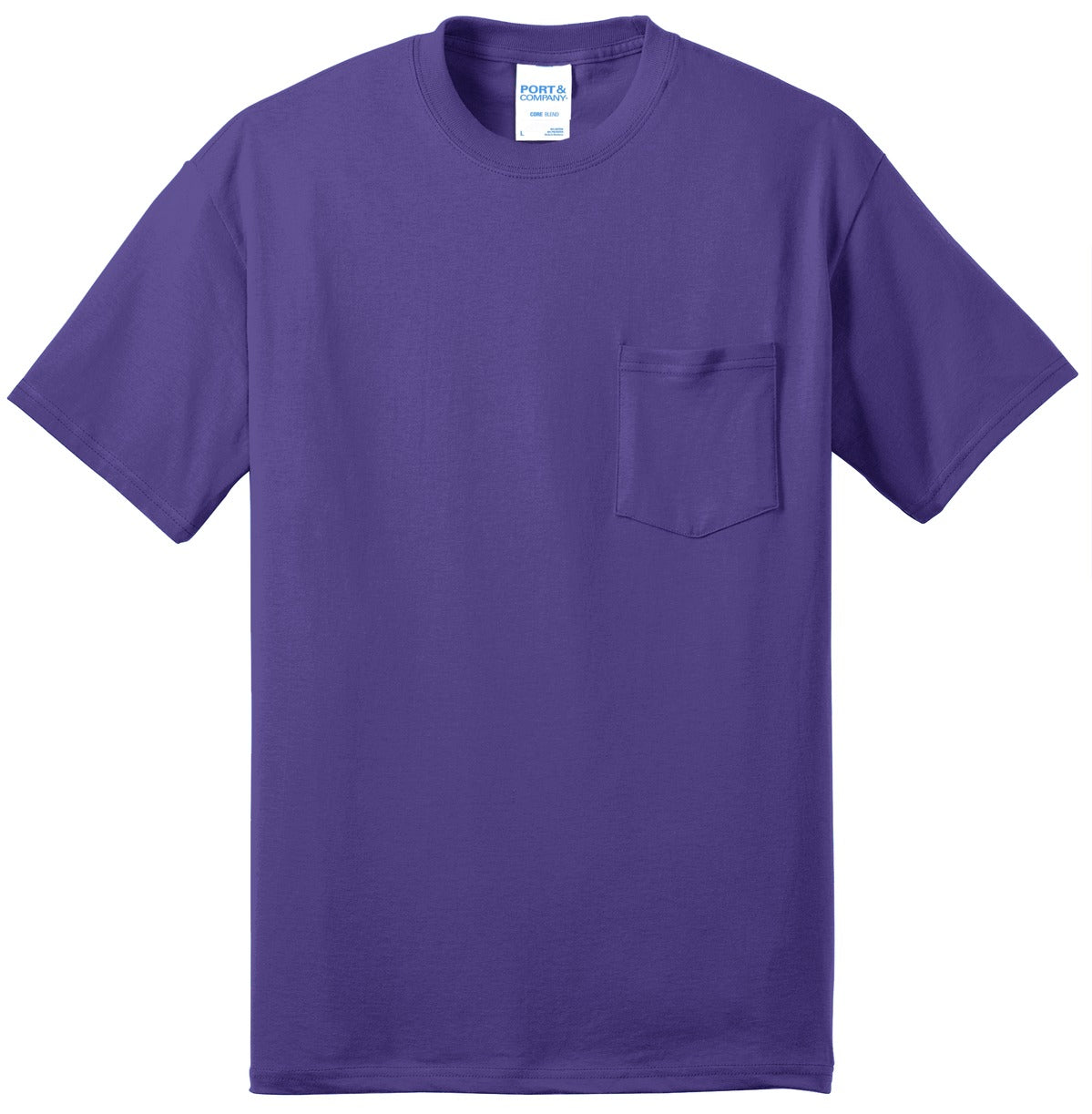Front View of Purple Port & Co Core Blend Pocket Tee. PC55P