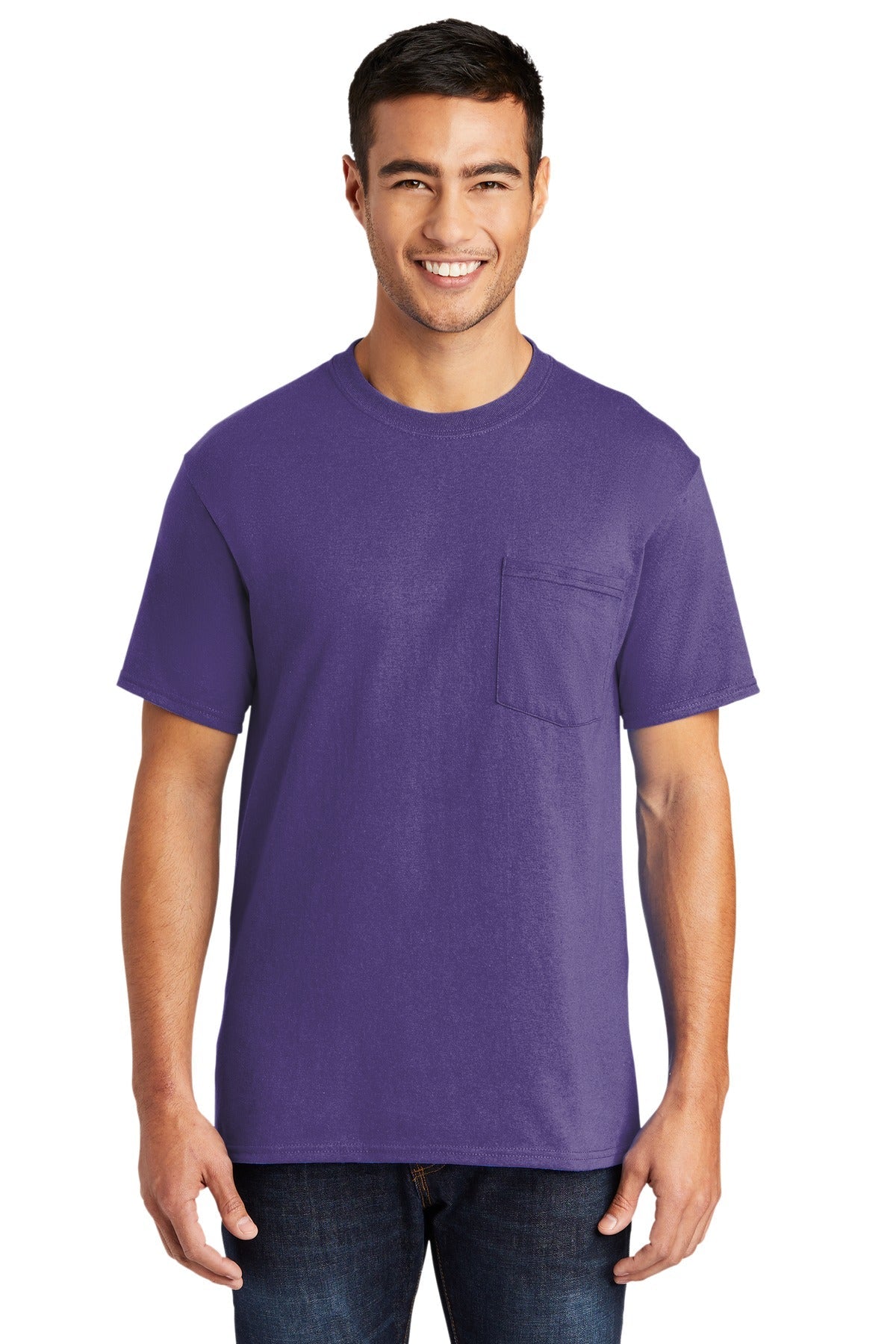 Front View of Purple Port & Co Core Blend Pocket Tee. PC55P