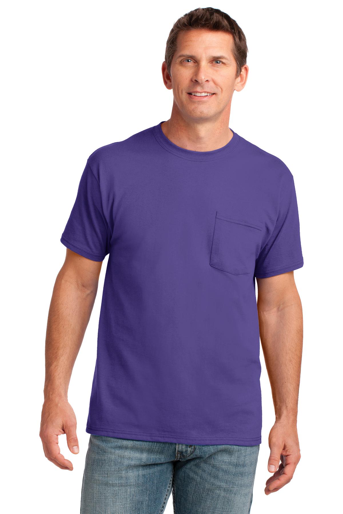 Front View of Purple Port & Co Core Cotton Pocket Tee. PC54P
