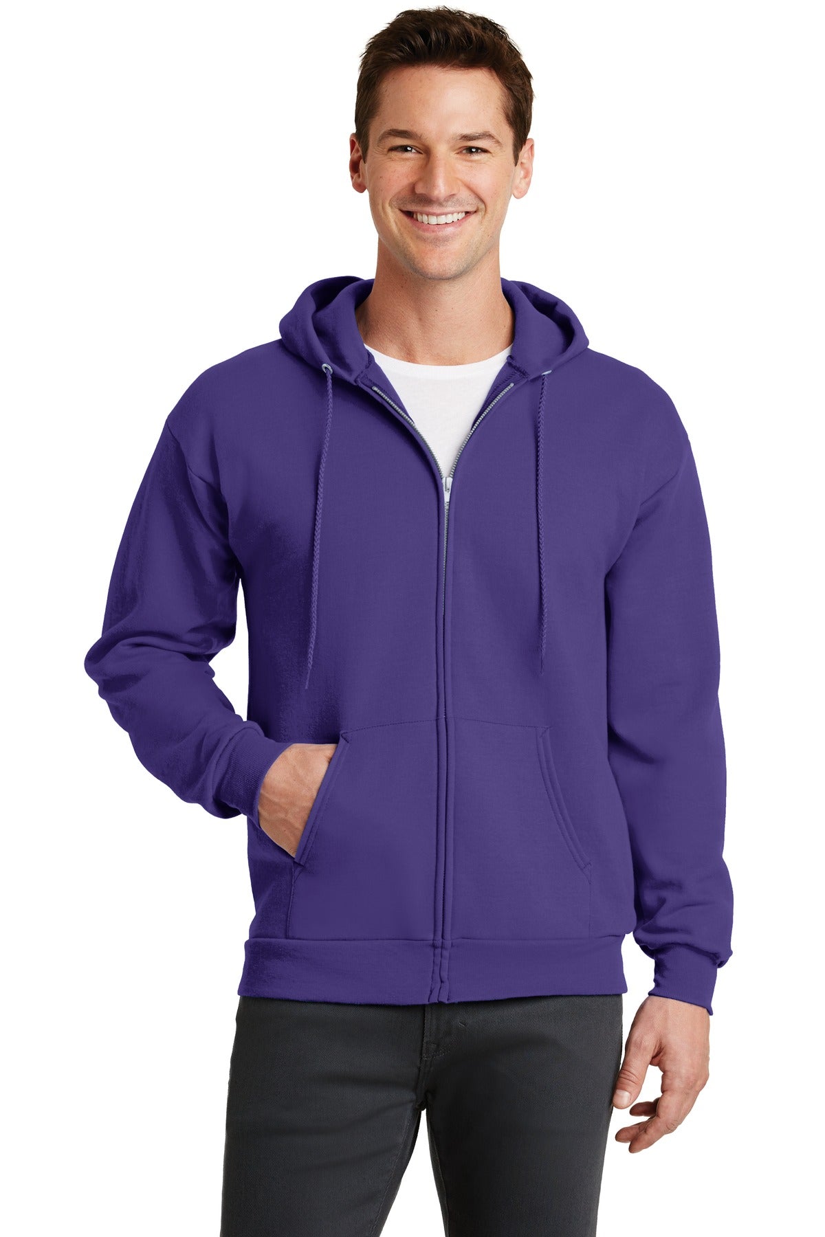 Front View of Purple Port & Co Core Fleece Full-Zip Hooded Sweatshirt. PC78ZH
