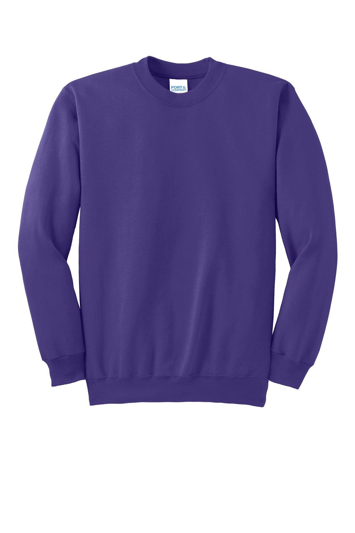 Front View of Purple Port & Co Essential Fleece Crewneck Sweatshirt. PC90