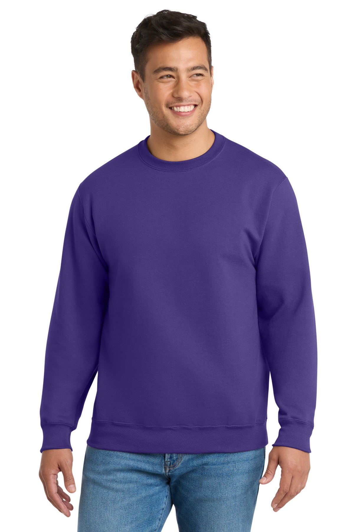 Front View of Purple Port & Co Essential Fleece Crewneck Sweatshirt. PC90