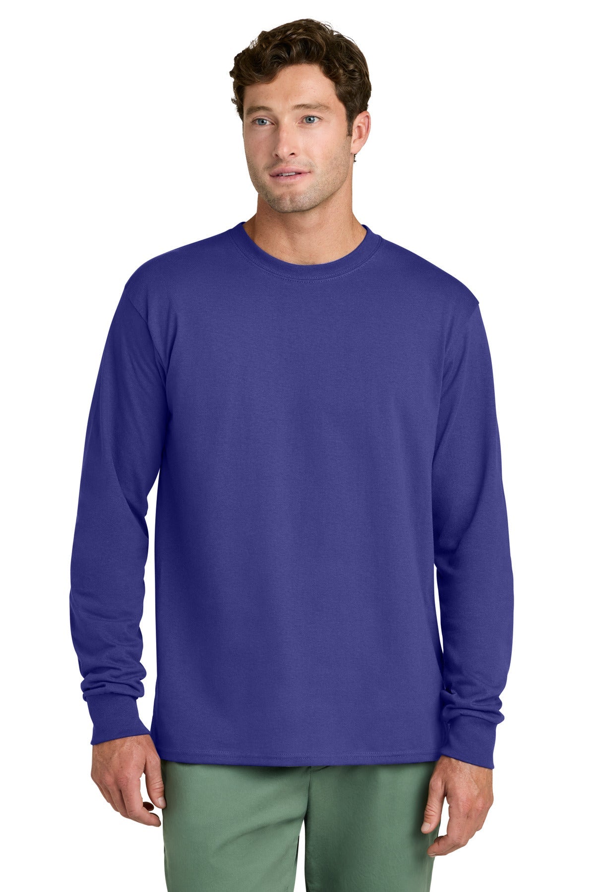 Front View of Purple Port & Co Long Sleeve Core Cotton Tee. PC54LS