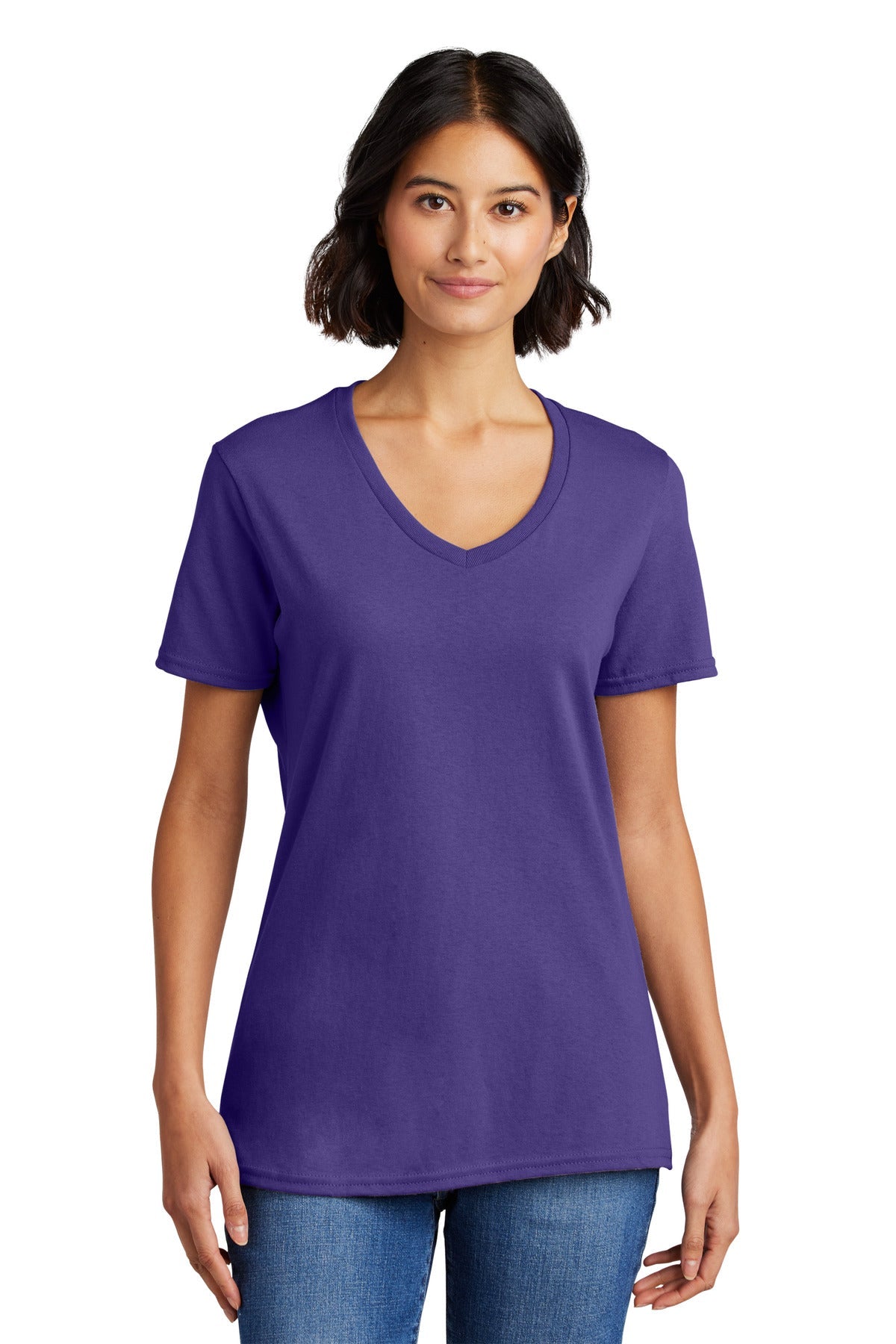 Front View of Purple Port & Co Women's Core Cotton V-Neck Tee. LPC54V