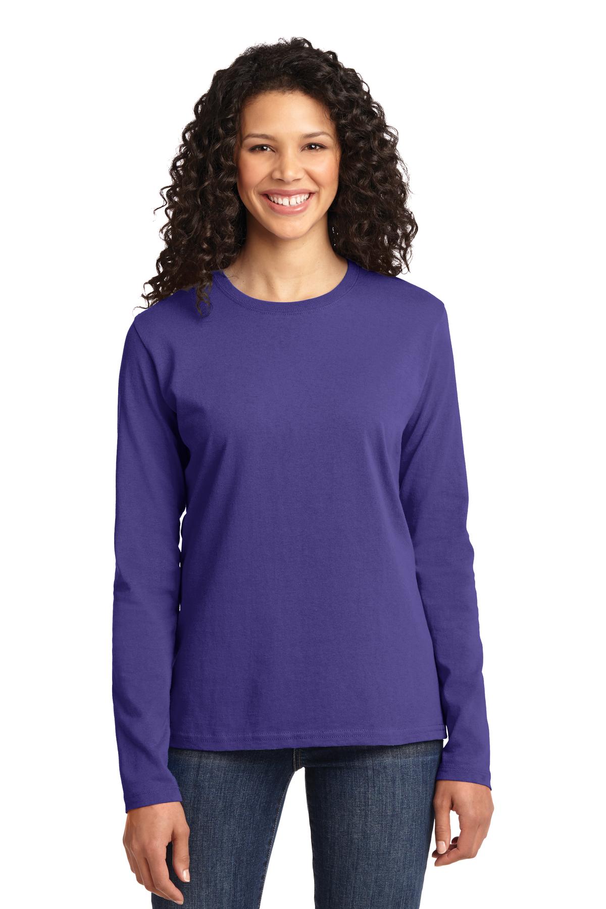 Front View of Purple Port & Co Women's Long Sleeve Core Cotton Tee. LPC54LS
