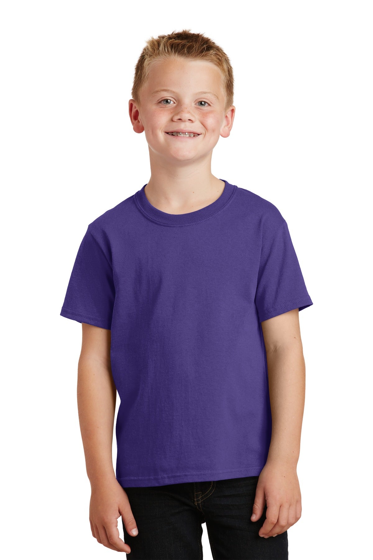 Front View of Purple Port & Co Youth Core Cotton Tee. PC54Y