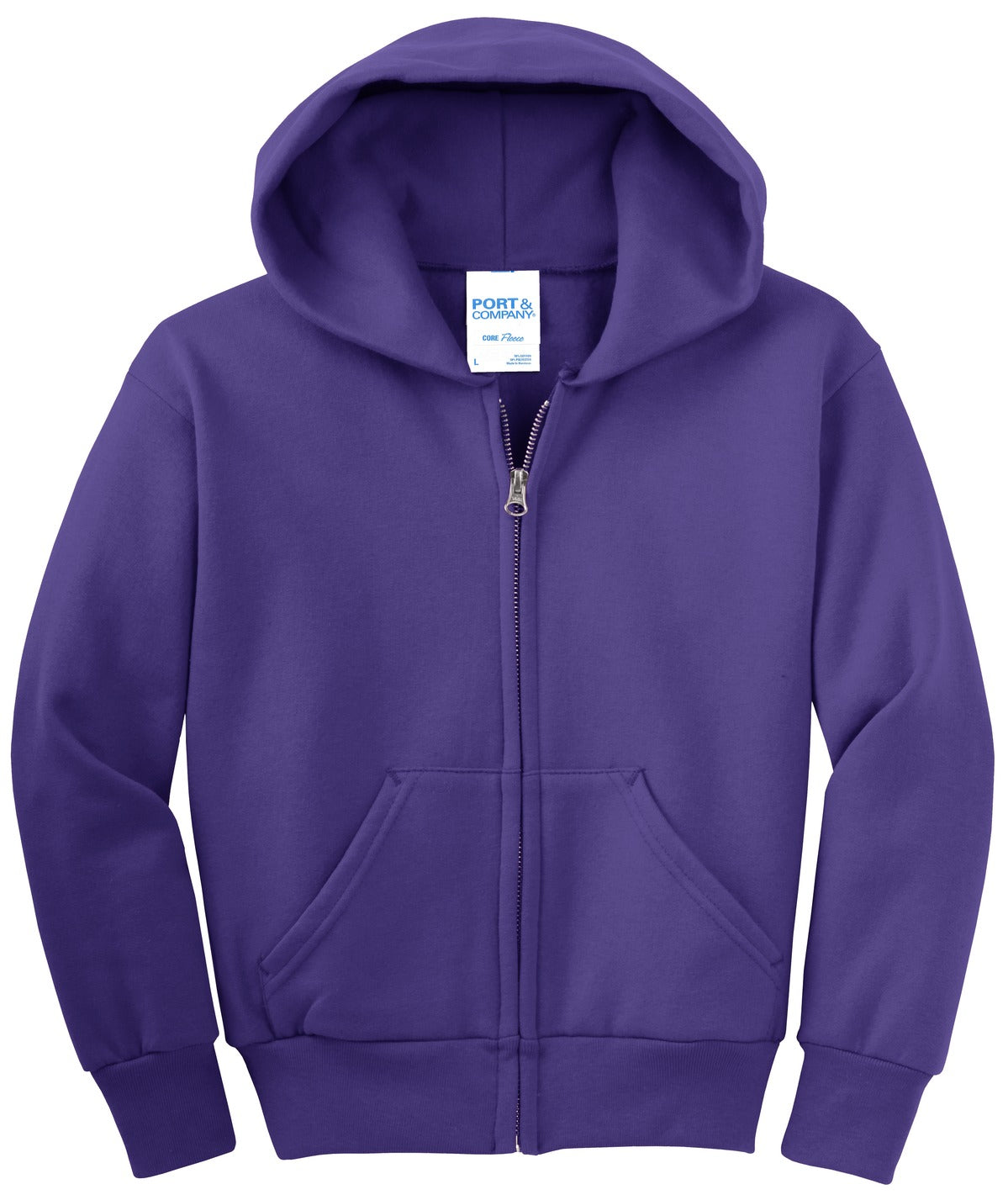Front View of Purple Port & Co Youth Core Fleece Full-Zip Hooded Sweatshirt. PC90YZH