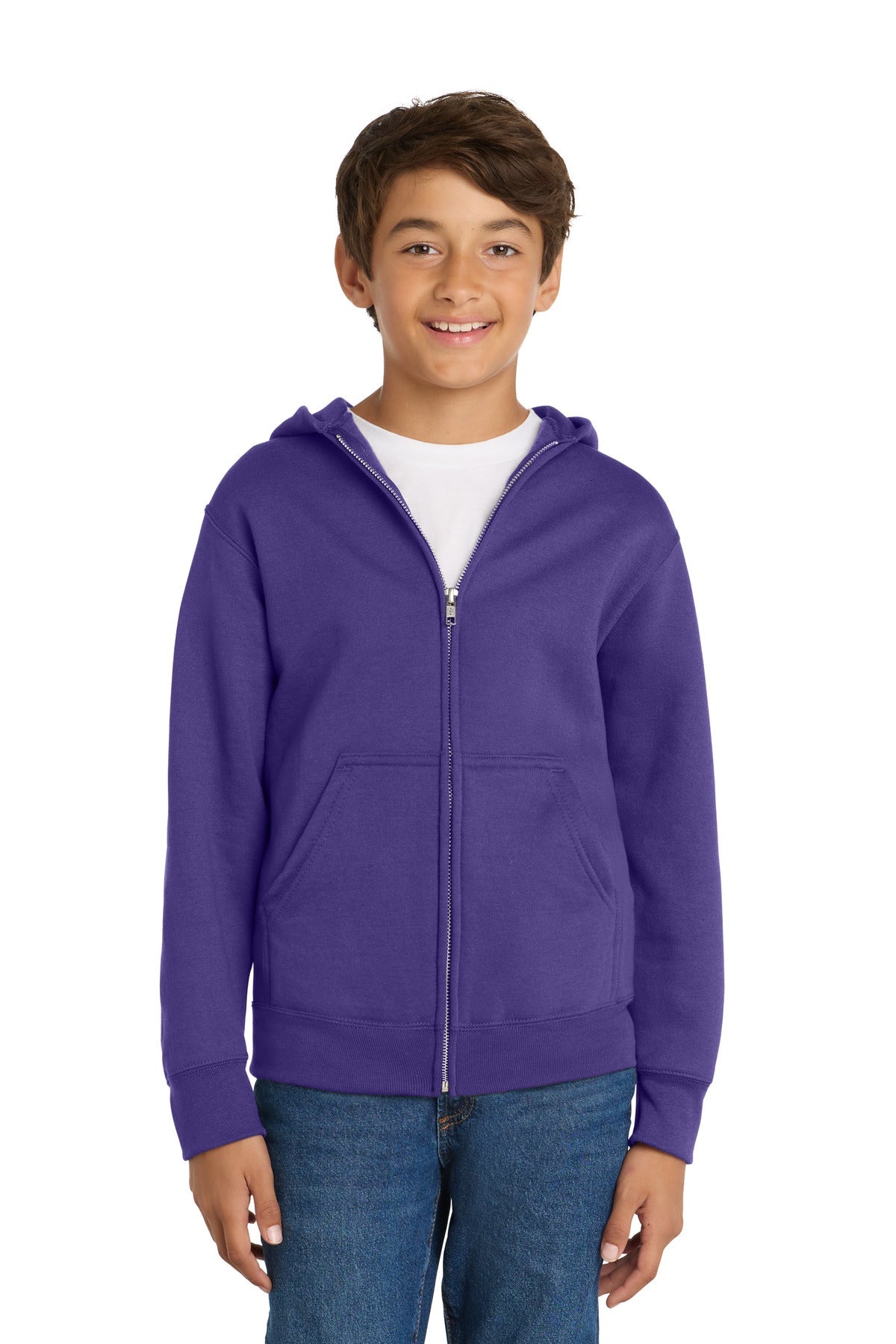 Front View of Purple Port & Co Youth Core Fleece Full-Zip Hooded Sweatshirt. PC90YZH