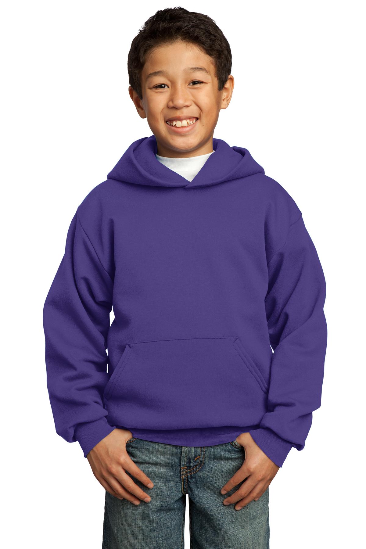 Front View of Purple Port & Co Youth Core Fleece Pullover Hooded Sweatshirt. PC90YH