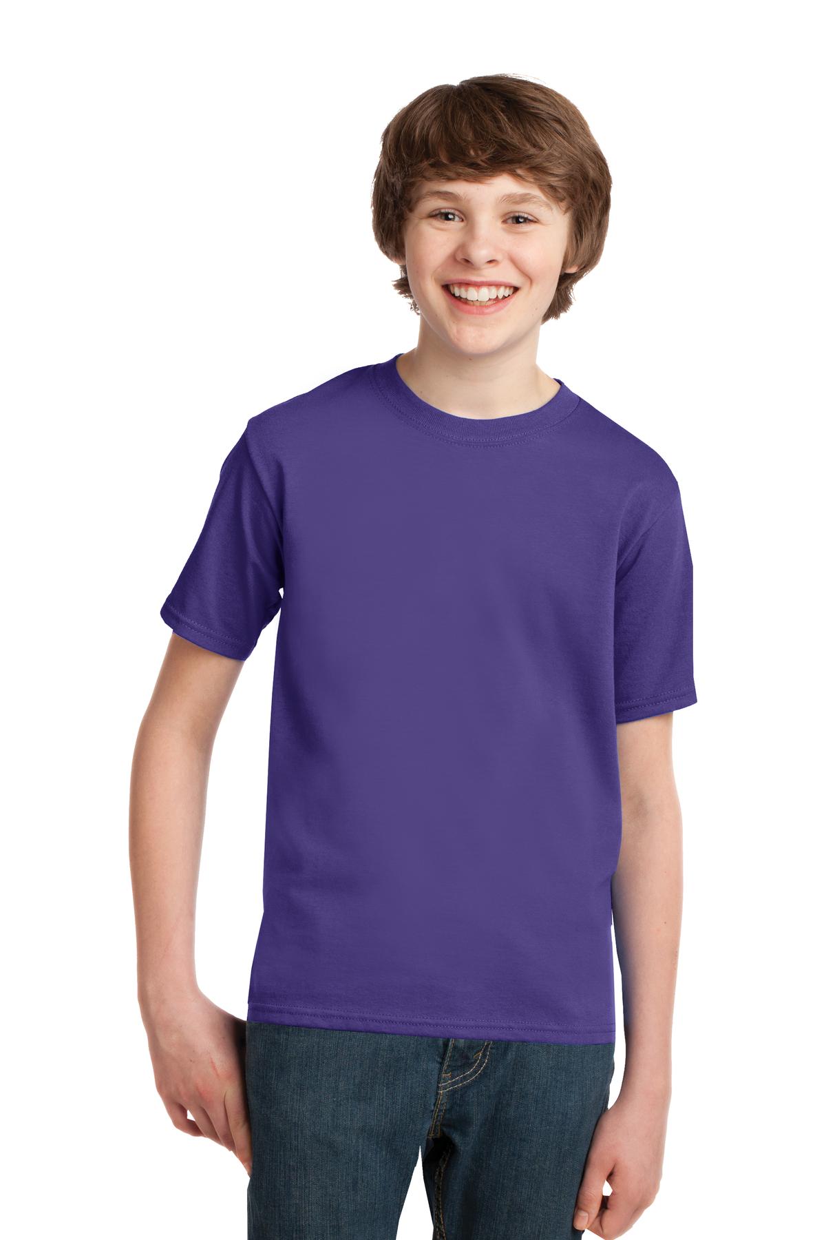 Front View of Purple Port & Co Youth Essential Tee. PC61Y