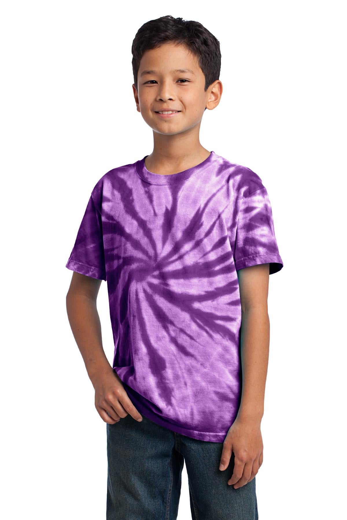 Front View of Purple Port & Co Youth Tie-Dye Tee. PC147Y